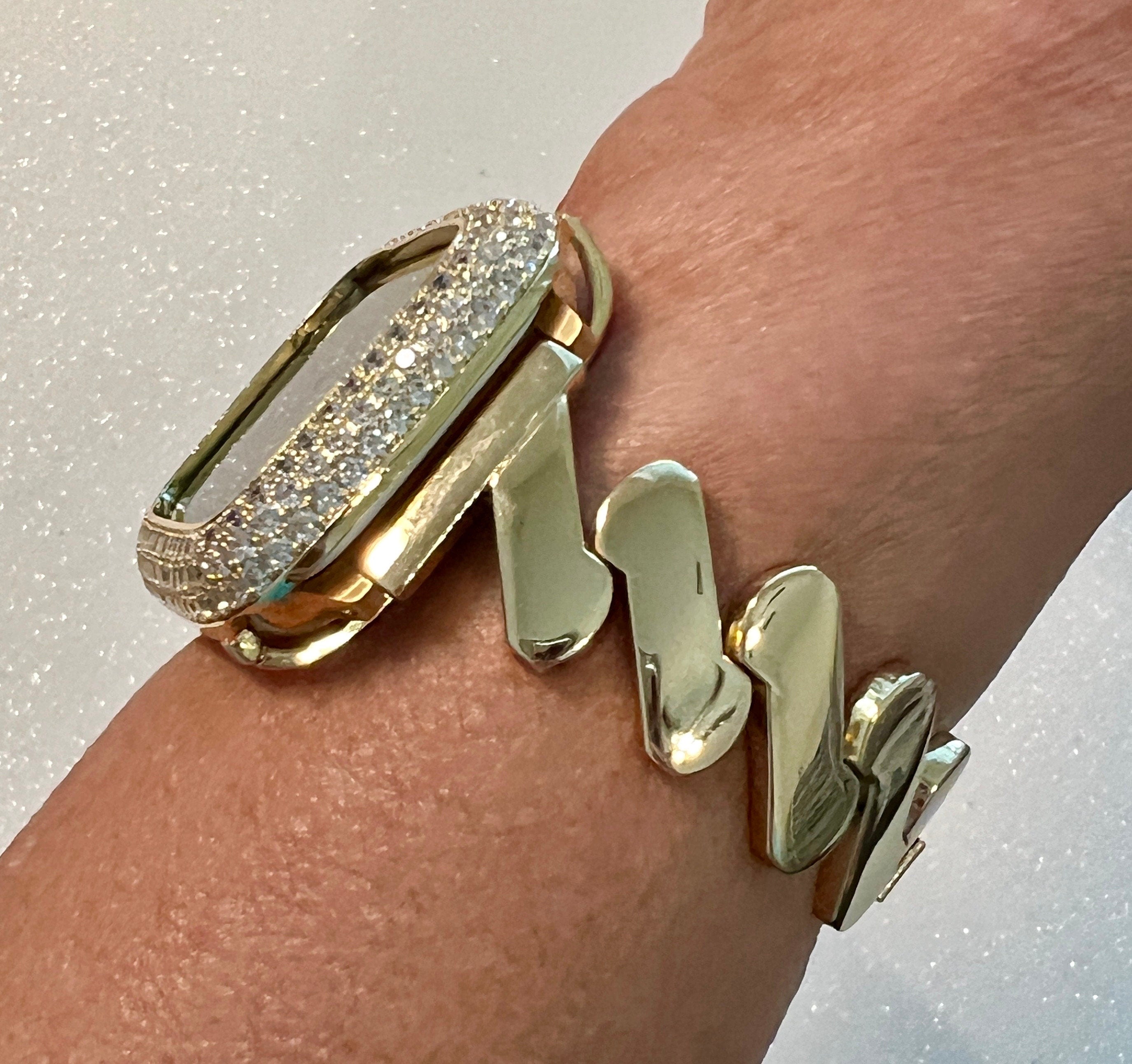 Designer Apple Watch Band Gold Women Minimalist, Iwatch Phone Bracelet & or Apple Watch Case Pave Lab Diamond Bezel Cover Bling Gift for Her