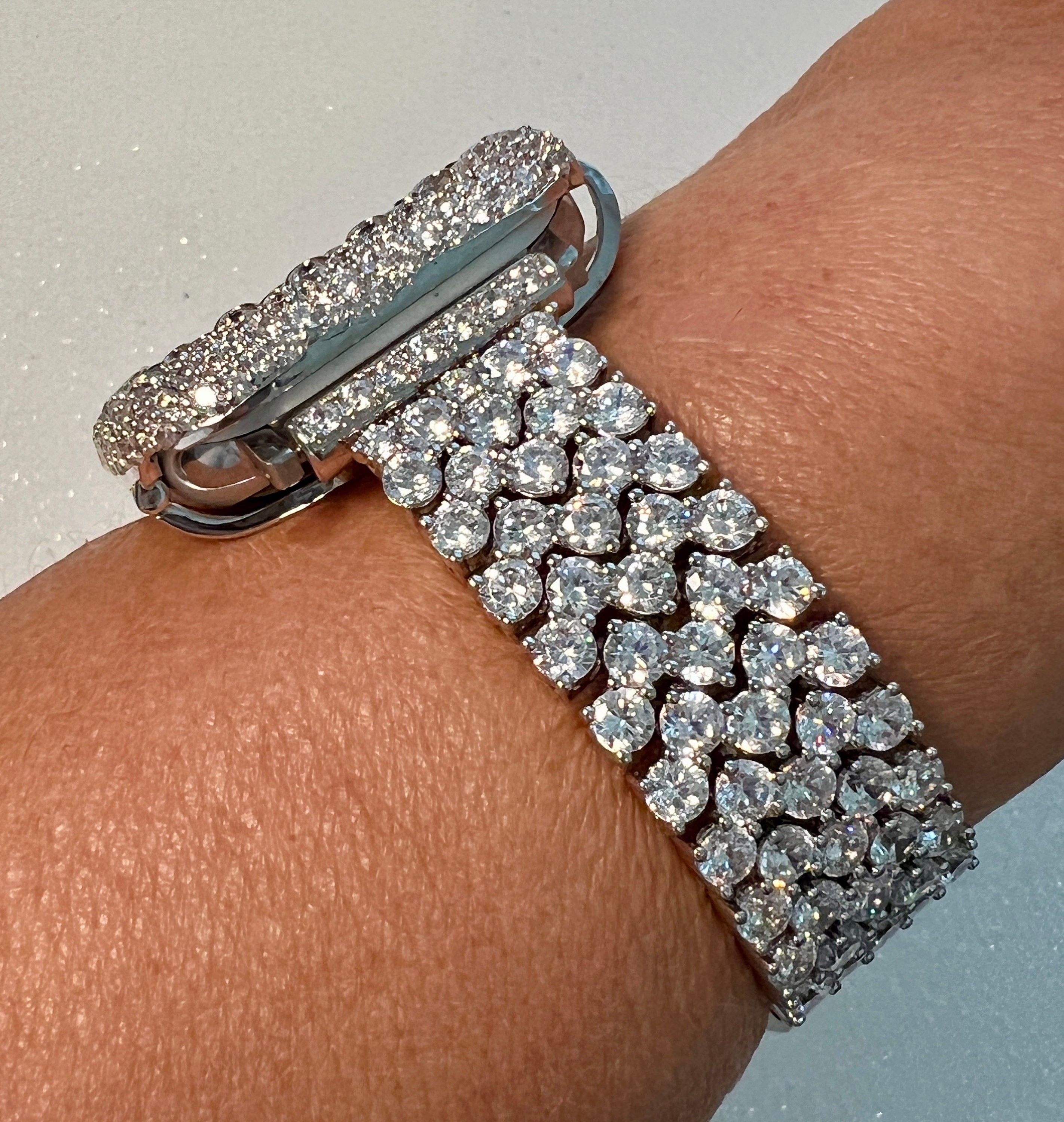 Iced Designer Apple Watch Band Womens Silver Bracelet & or Apple Watch Case Lab Diamond Bezel Iphone Watch Cover Iwatch Candy Bling