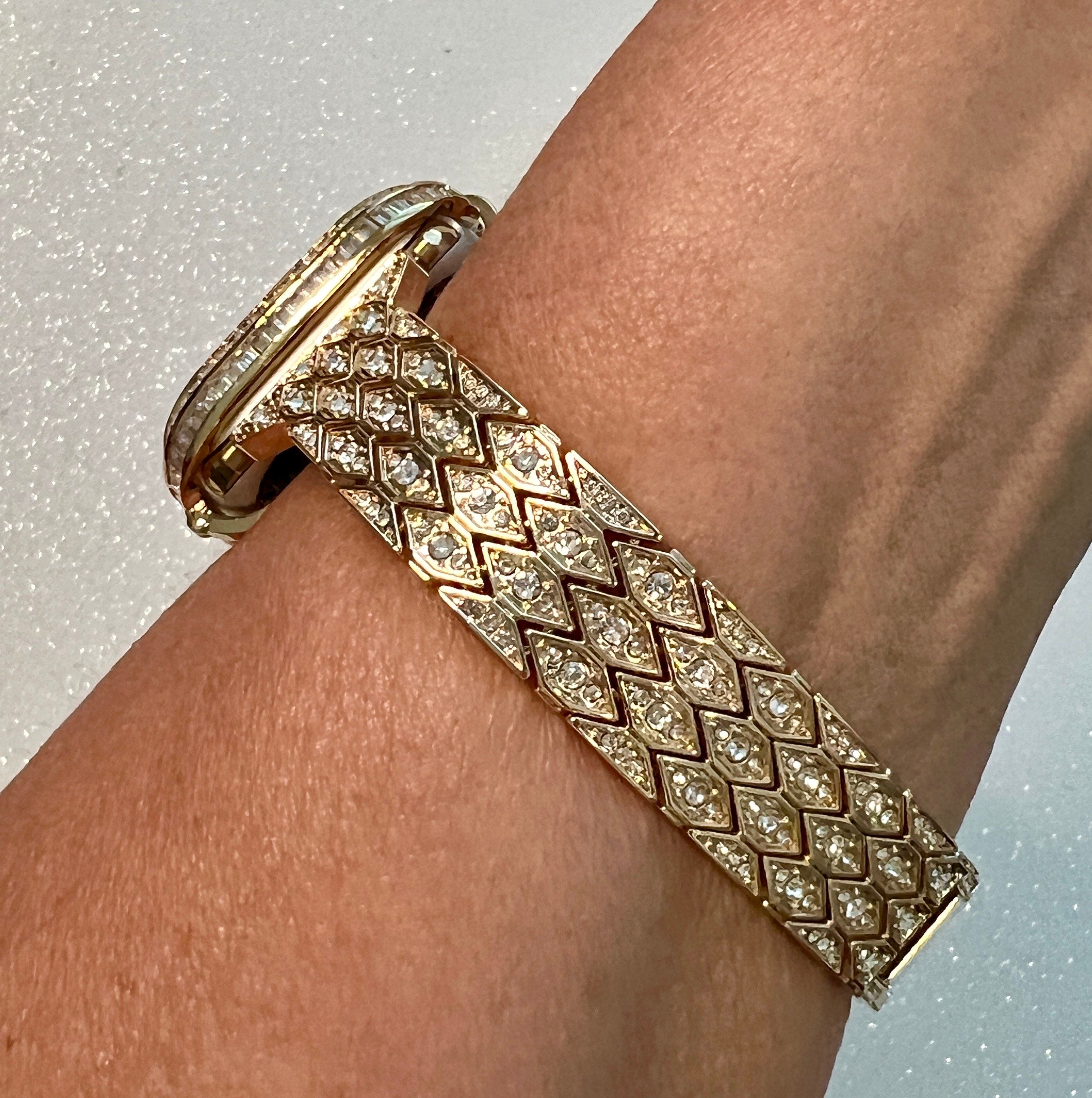 Designer Apple Watch Band Womens Gold, Crystal Iphone Watch Bracelet & or Apple Watch Cover Baguette Lab Diamond Bezel Iwatch Candy Bling