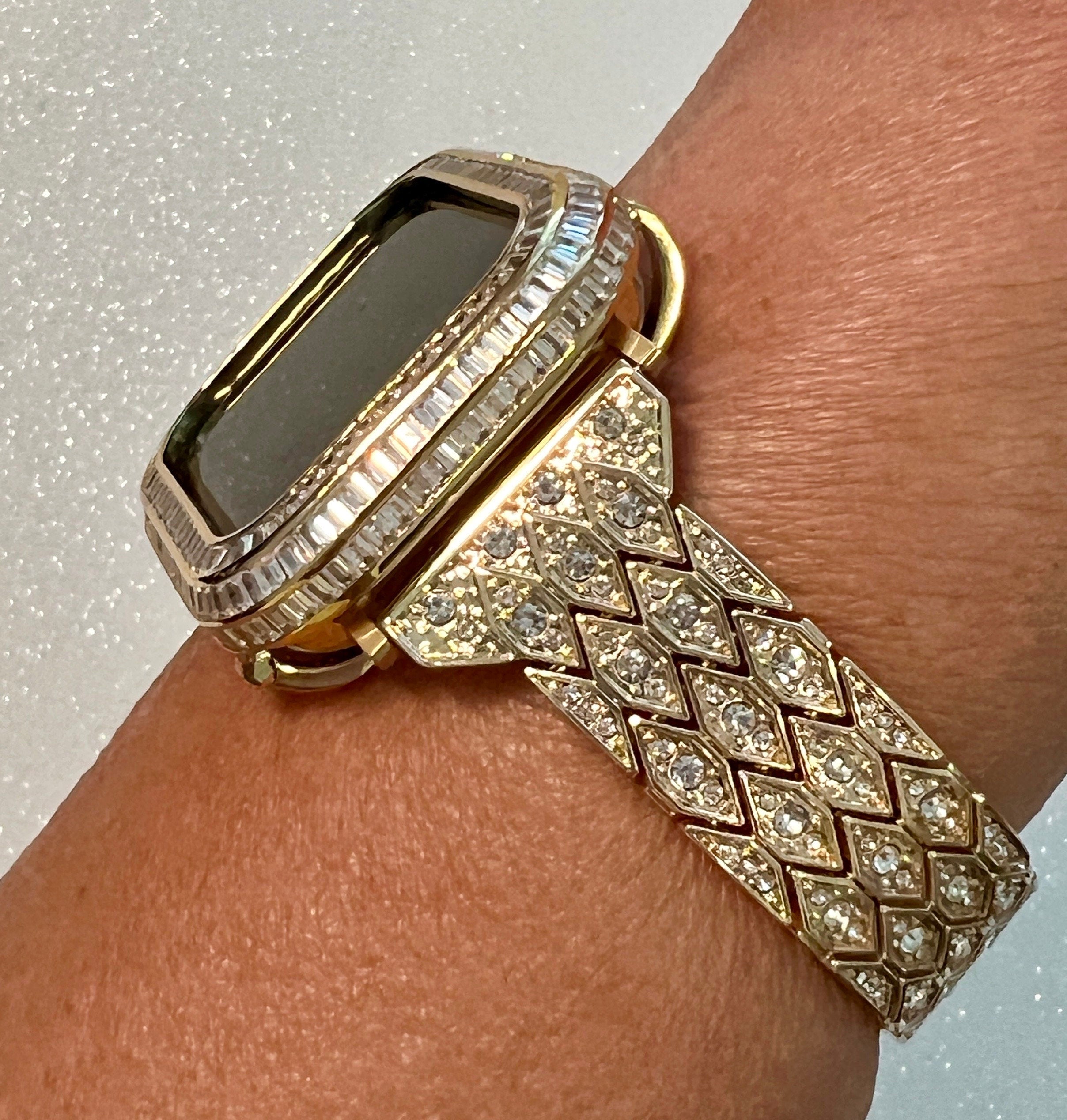 Designer Apple Watch Band Womens Gold, Crystal Iphone Watch Bracelet & or Apple Watch Cover Baguette Lab Diamond Bezel Iwatch Candy Bling