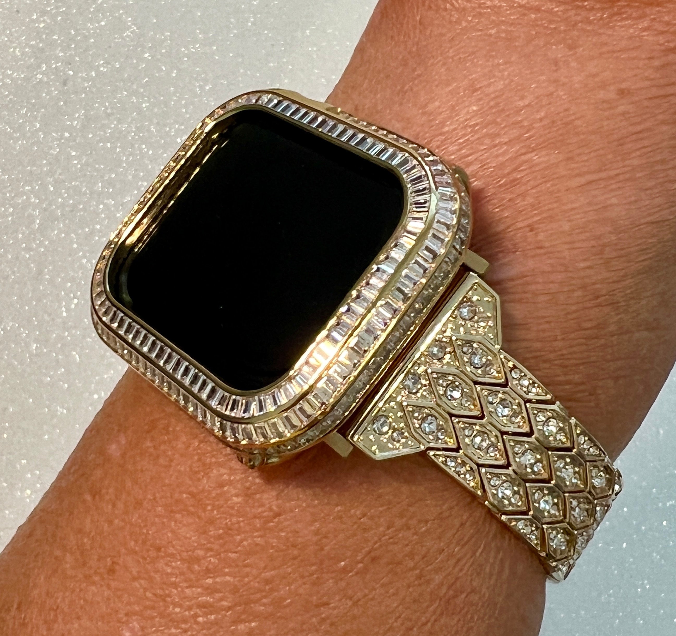 Designer Apple Watch Band Womens Gold, Crystal Iphone Watch Bracelet & or Apple Watch Cover Baguette Lab Diamond Bezel Iwatch Candy Bling