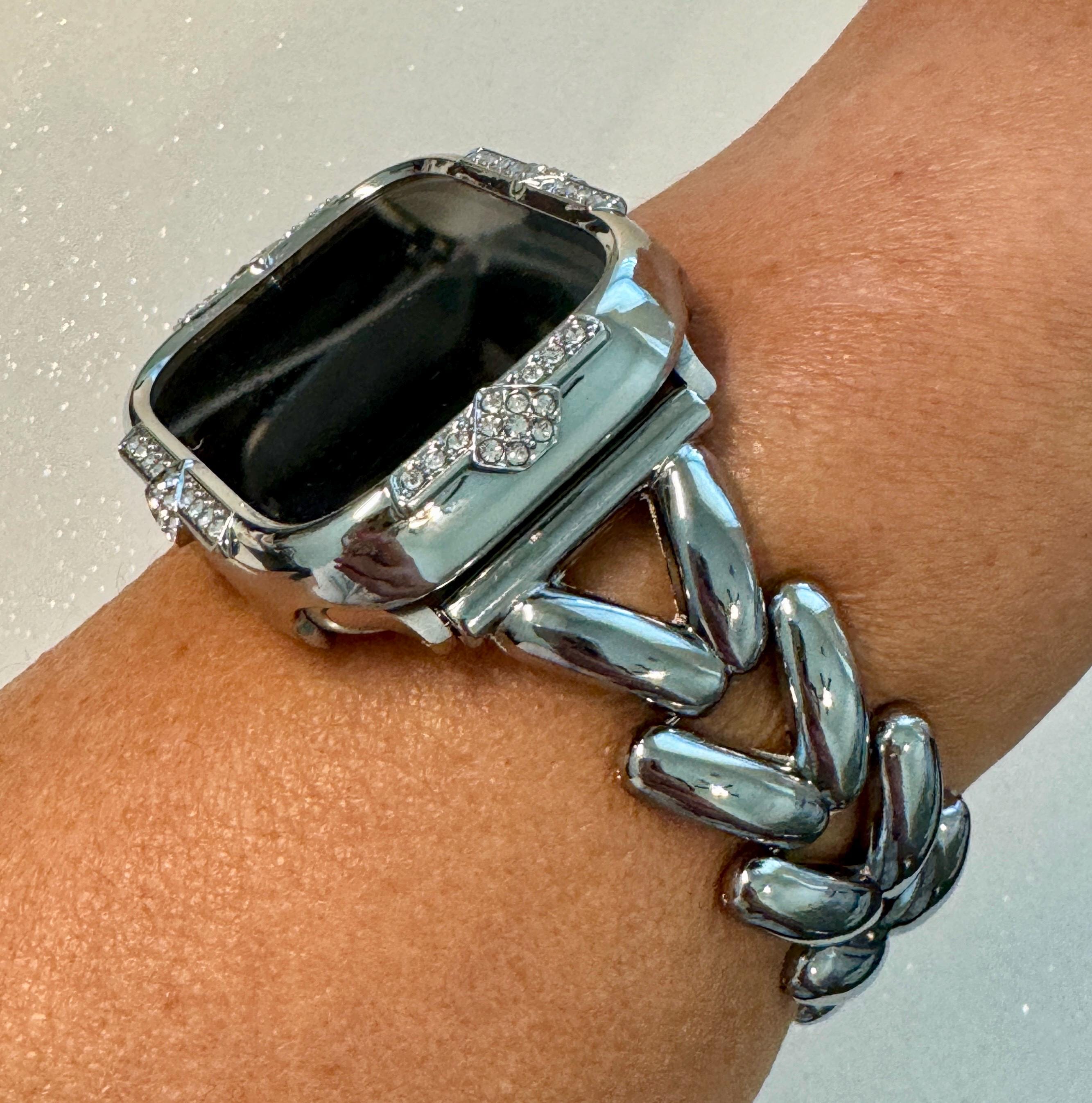 14K White Gold Plated Apple Watch Band Womens Bracelet Minimalist & or Apple Watch Case Swarovski Crystals Tempered Glass Screen Protector