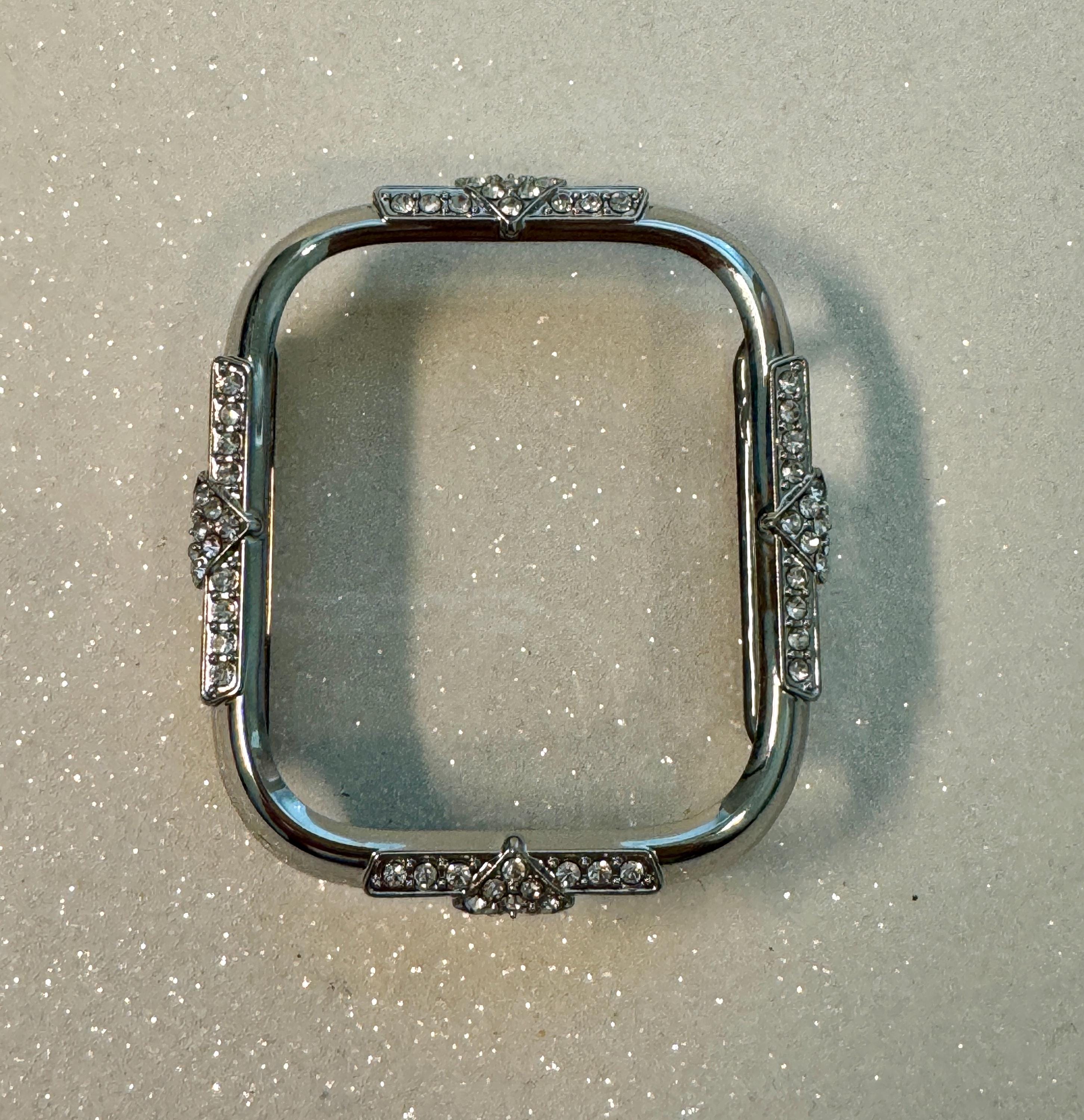 14K White Gold Plated Apple Watch Band Womens Bracelet Minimalist & or Apple Watch Case Swarovski Crystals Tempered Glass Screen Protector