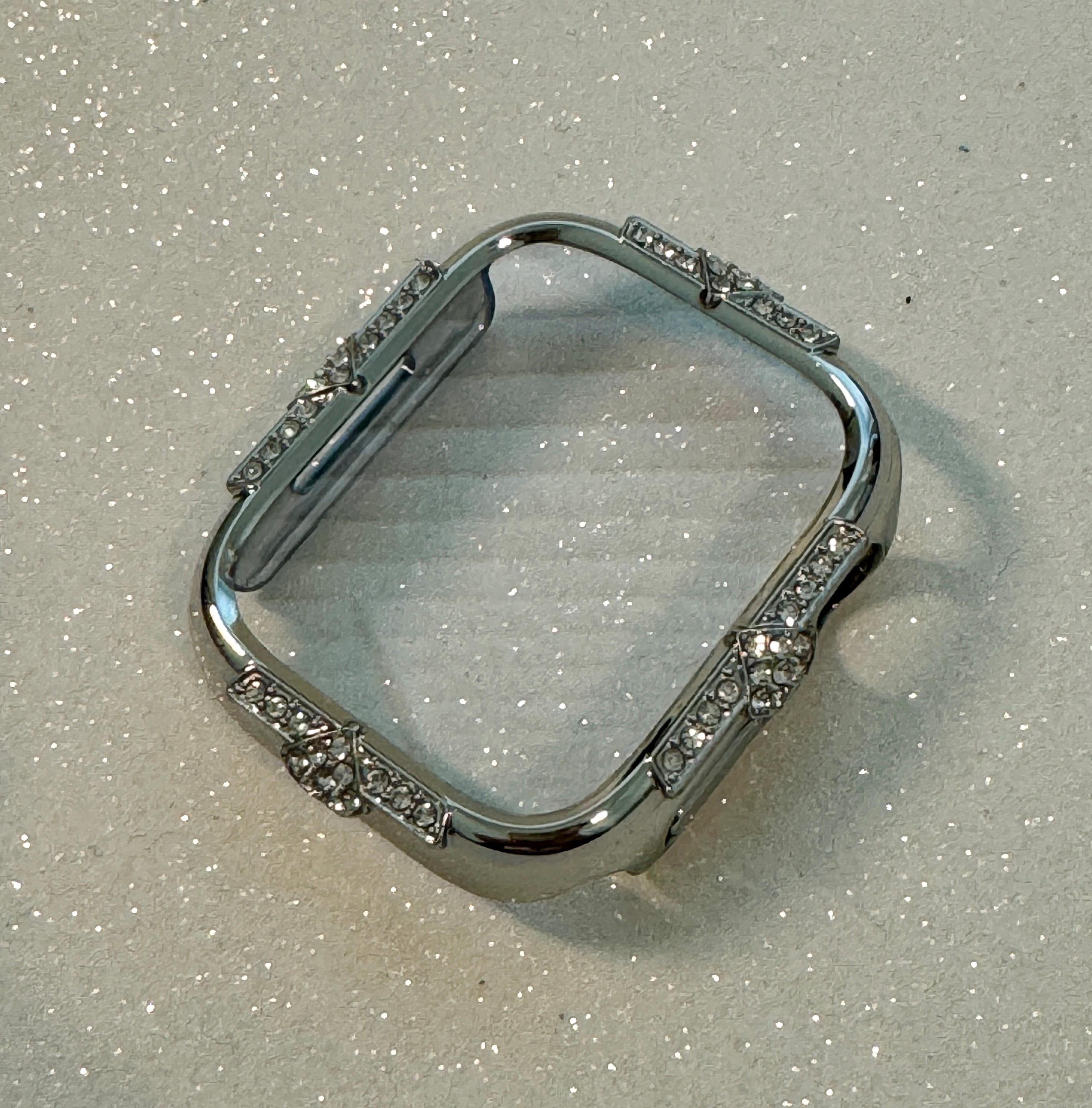 14k White Gold Apple Plated Watch Cover Screen Protector Women Swarovski Crystal Apple Watch Case 41mm 45mm Tempered Glass Iphone Watch Case