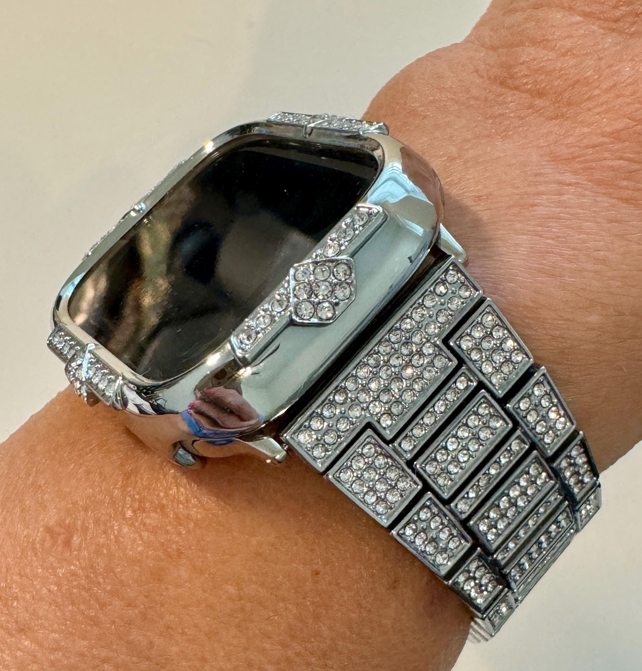 Silver Apple Watch Band 41mm Women Bracelet Swarovski Crystal & or Apple Watch Case Swarovski Crystals for Iphone Watch Cover Tempered Glass
