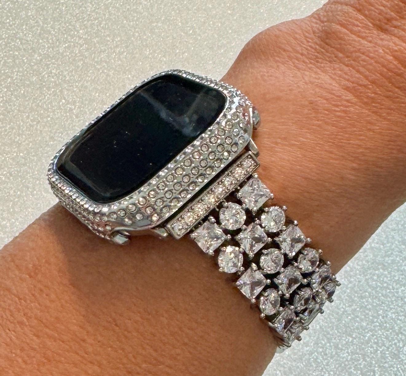 Series 10 Apple Watch Band Woman Silver Swarovski Crystal & or Apple Watch Cover Lab Diamond Bezel Bling 41mm42mm 45mm 46mm 49mm Protector