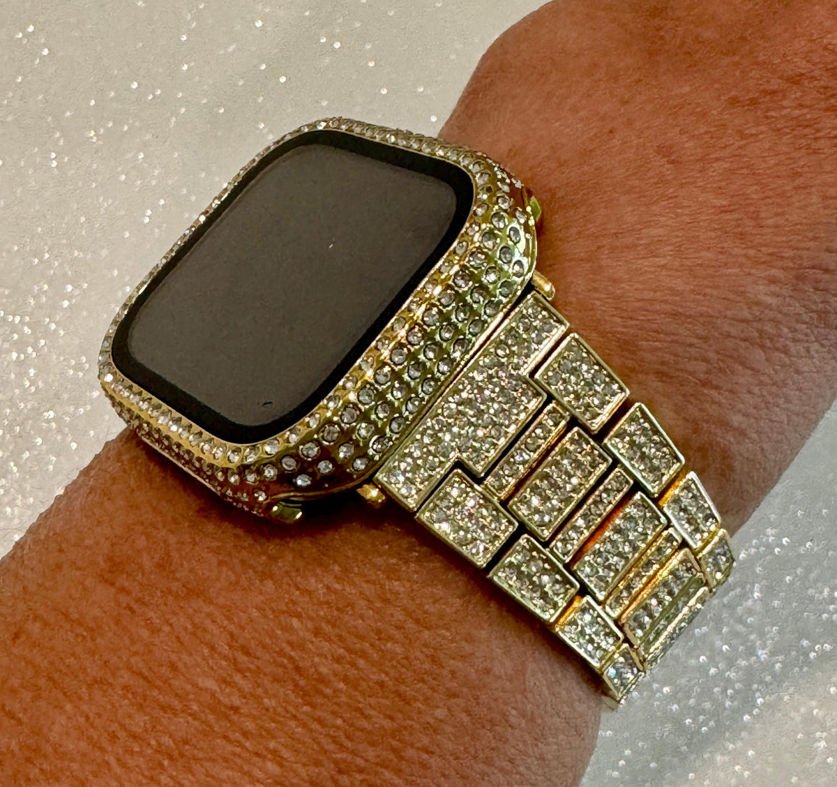 Series 12 Apple Watch Band Gold Stainless Steel Swarovski Crystal & or Apple Watch Cover Tempered Glass Screen Protector Iwatch Case