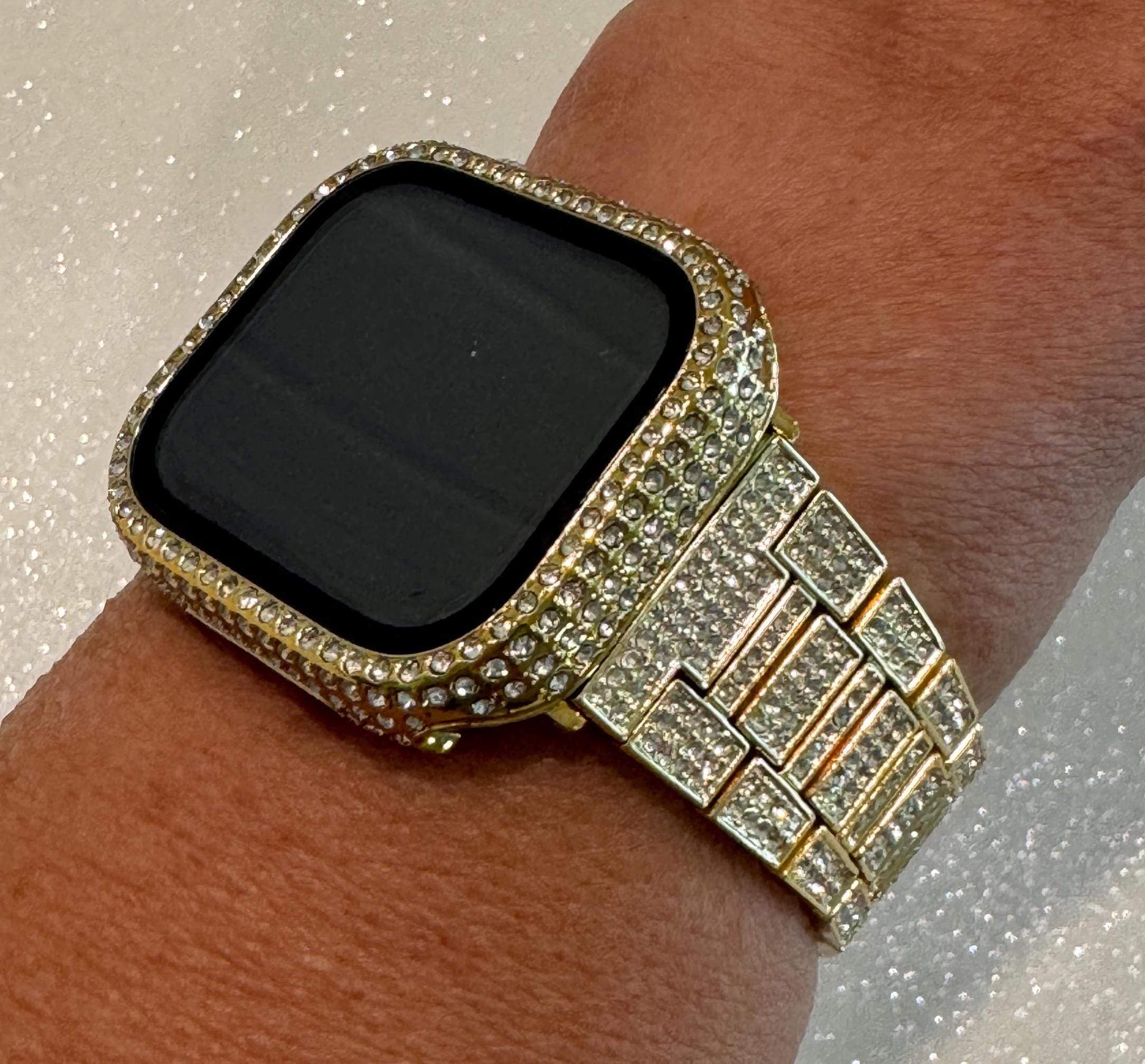 Series 10 Apple Watch Band Gold Swarovski Crystal & or Apple Watch Cover Tempered Glass Screen Protector 41mm 42mm 45mm 46mm Iwatch Case