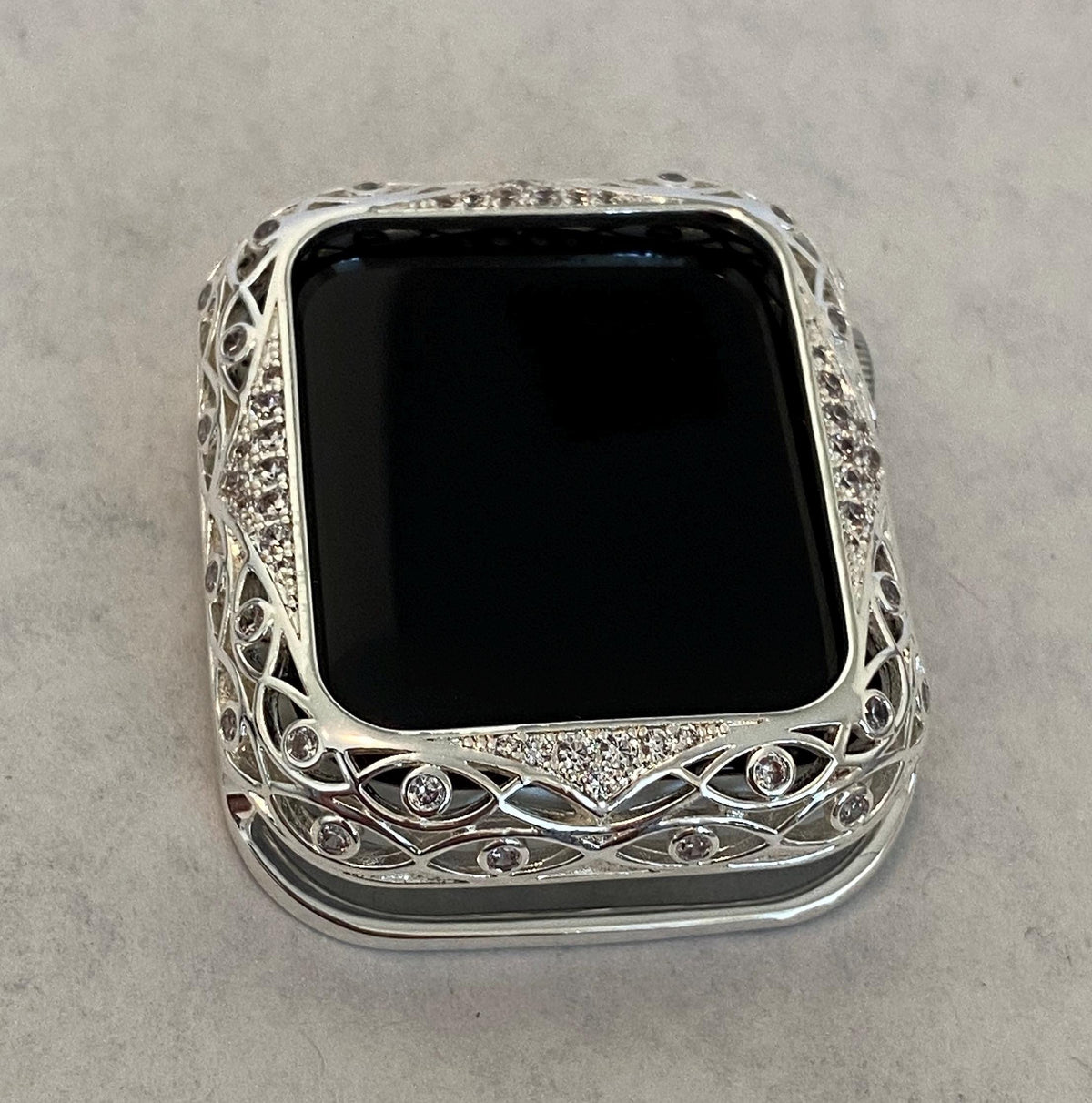 Series 10-11 Apple Watch Cover Silver Lace Design Metal Protective Bumper Apple Watch Case Swarovski Crystals 38mm-46mm Custom Iwatch Candy