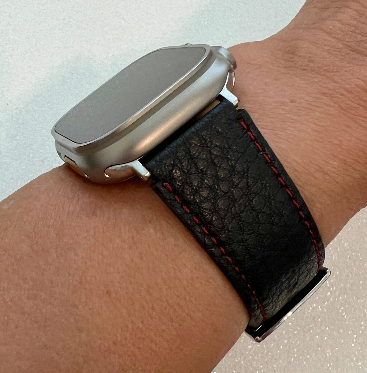 Series 10 Black Leather Apple Watch Band 42mm 46mm 49mm Ultra - Apple Watch Straps Red Stitching for Iphone Watch 44mm 45mm
