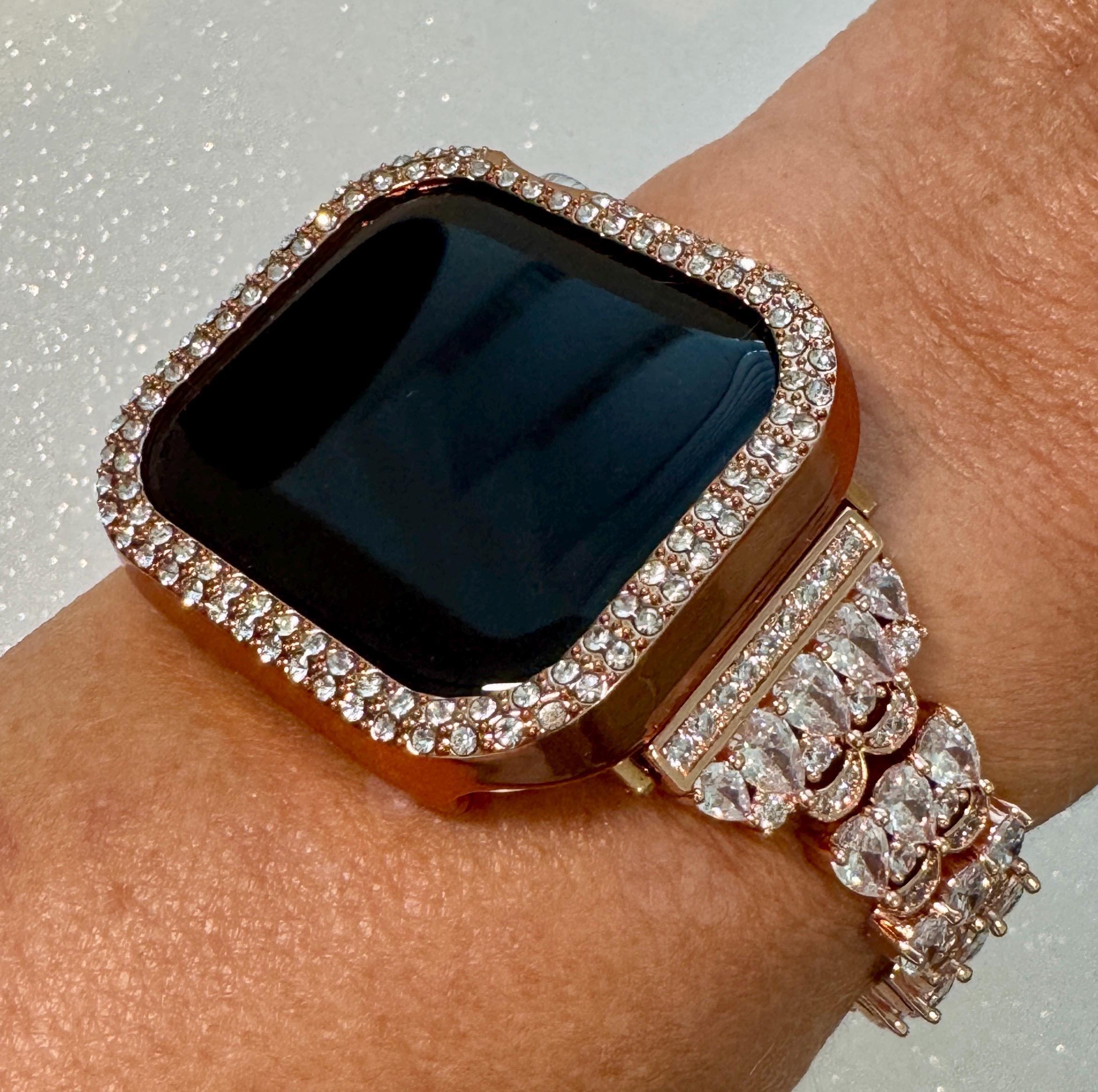 Series 10 Apple Watch Band Women Rose Gold Swarovski Crystals & or Apple Watch Case for Iphone Watch Protective Iwatch Cover Bling 38-49mm