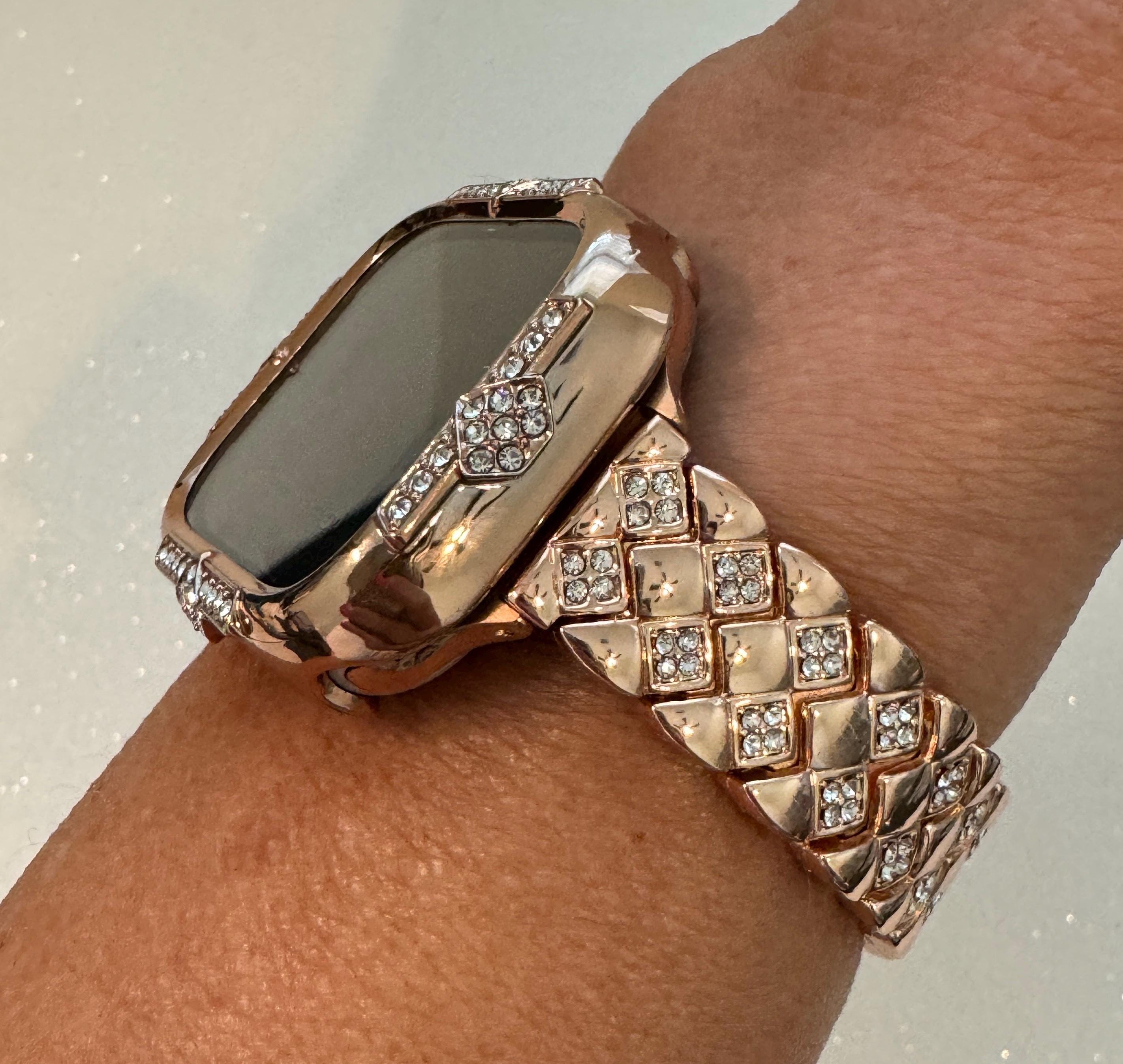 Rose Gold Apple Watch Band Womens Swarovski Crystal Bracelet 41mm 45mm Minimalist & or Apple Watch Case 14kgp Iphone Watch Cover 40mm 44mm