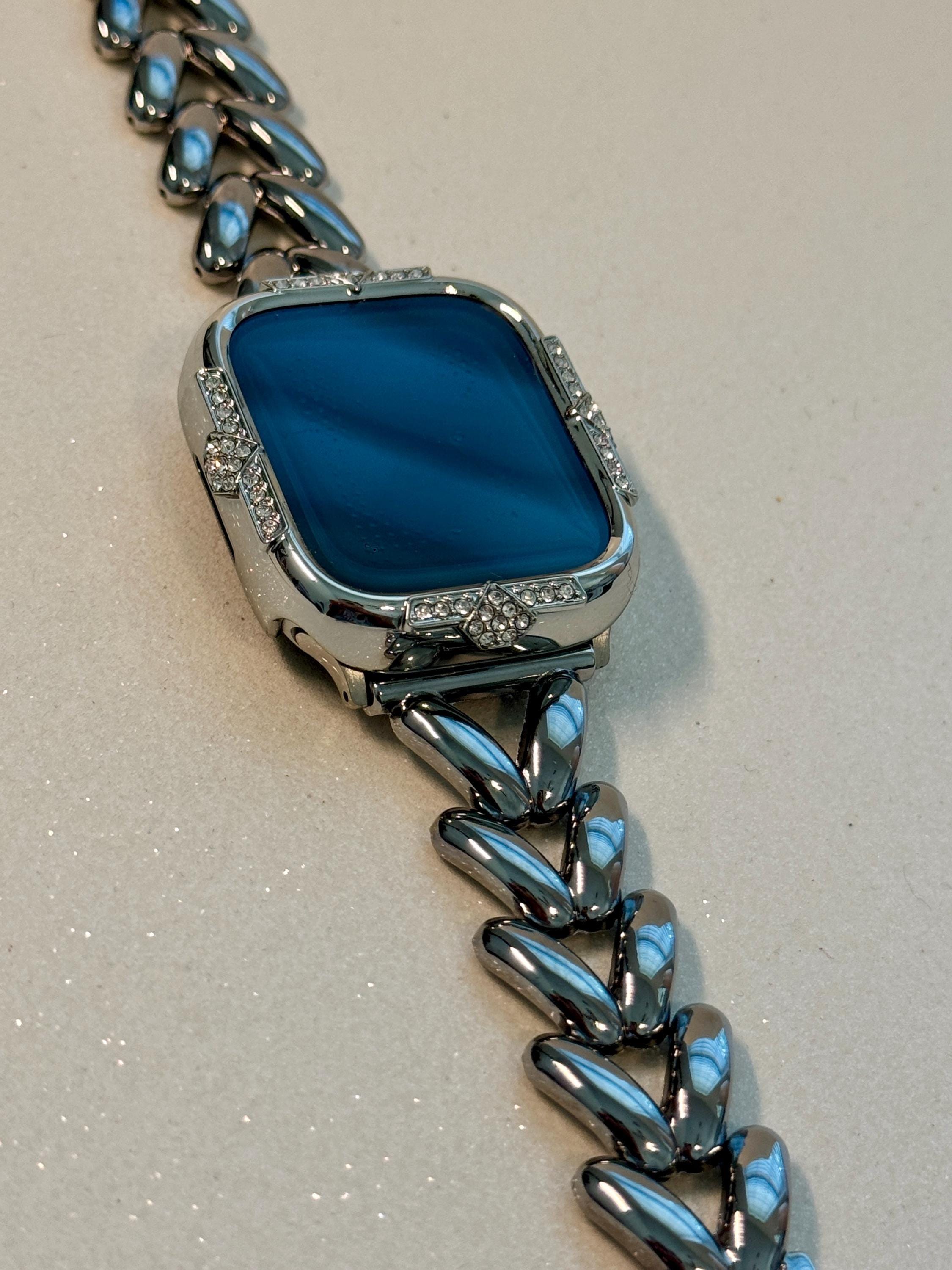 14K White Gold Plated Apple Watch Band Womens Bracelet Minimalist & or Apple Watch Case Swarovski Crystals Tempered Glass Screen Protector