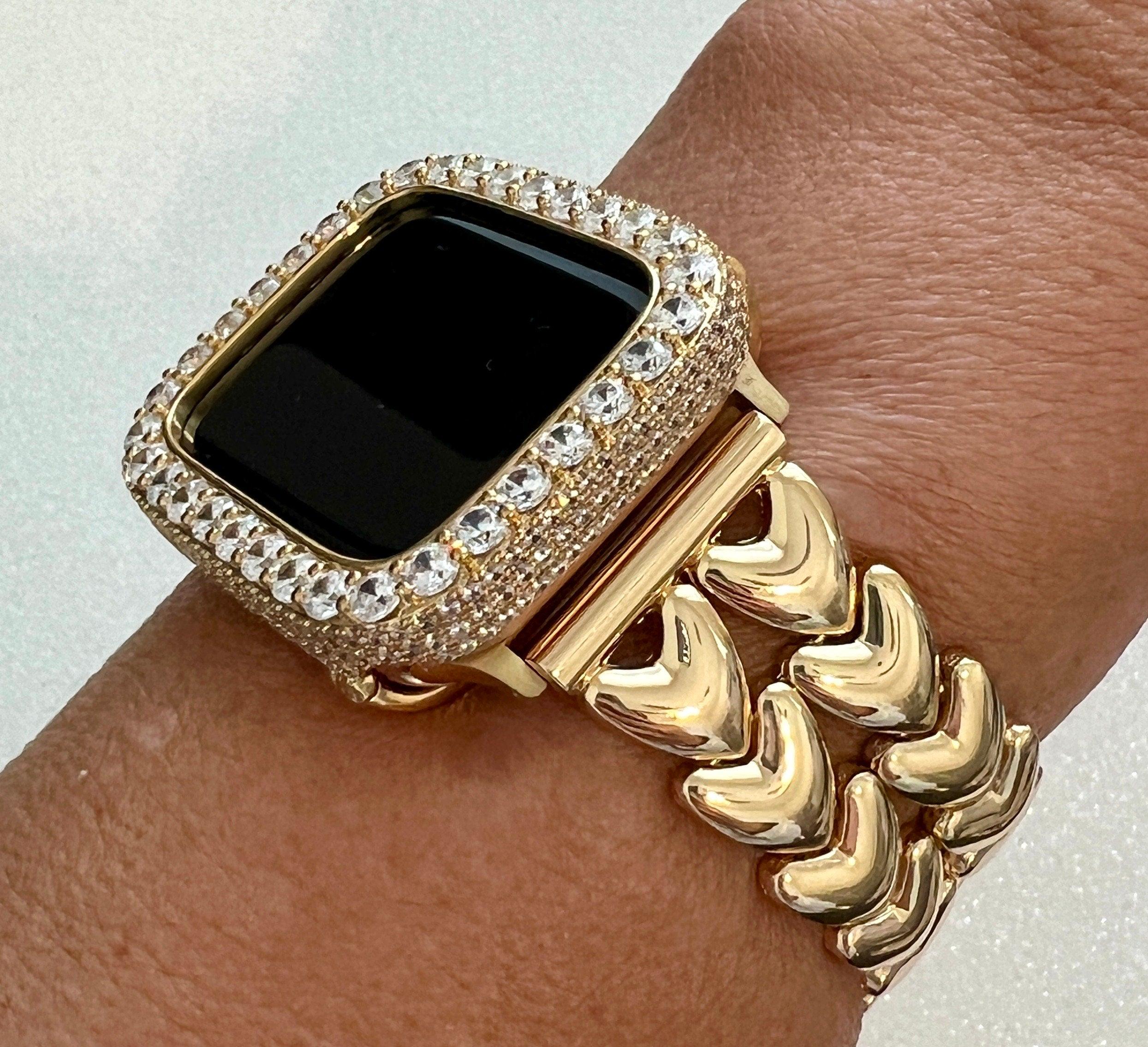 Gold Apple Watch Band Double Row Hearts Bracelet, Iphone Watch Band, Iwatch band & or Apple Watch Case 3.5mm Lab Diamond Bezel Cover Gift