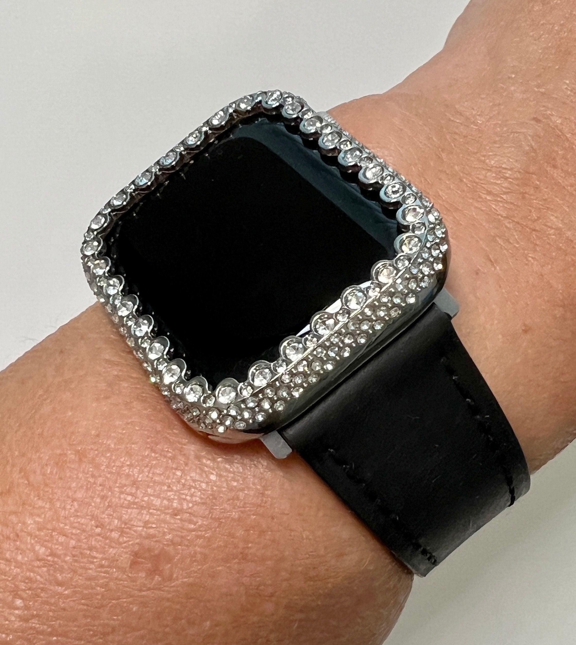 Apple Watch Band Womens Black Leather & or Apple Watch Case Swarovski Crystals Apple Watch Cover Iwatch Watch Candy Bling 38mm-45mm Series 9