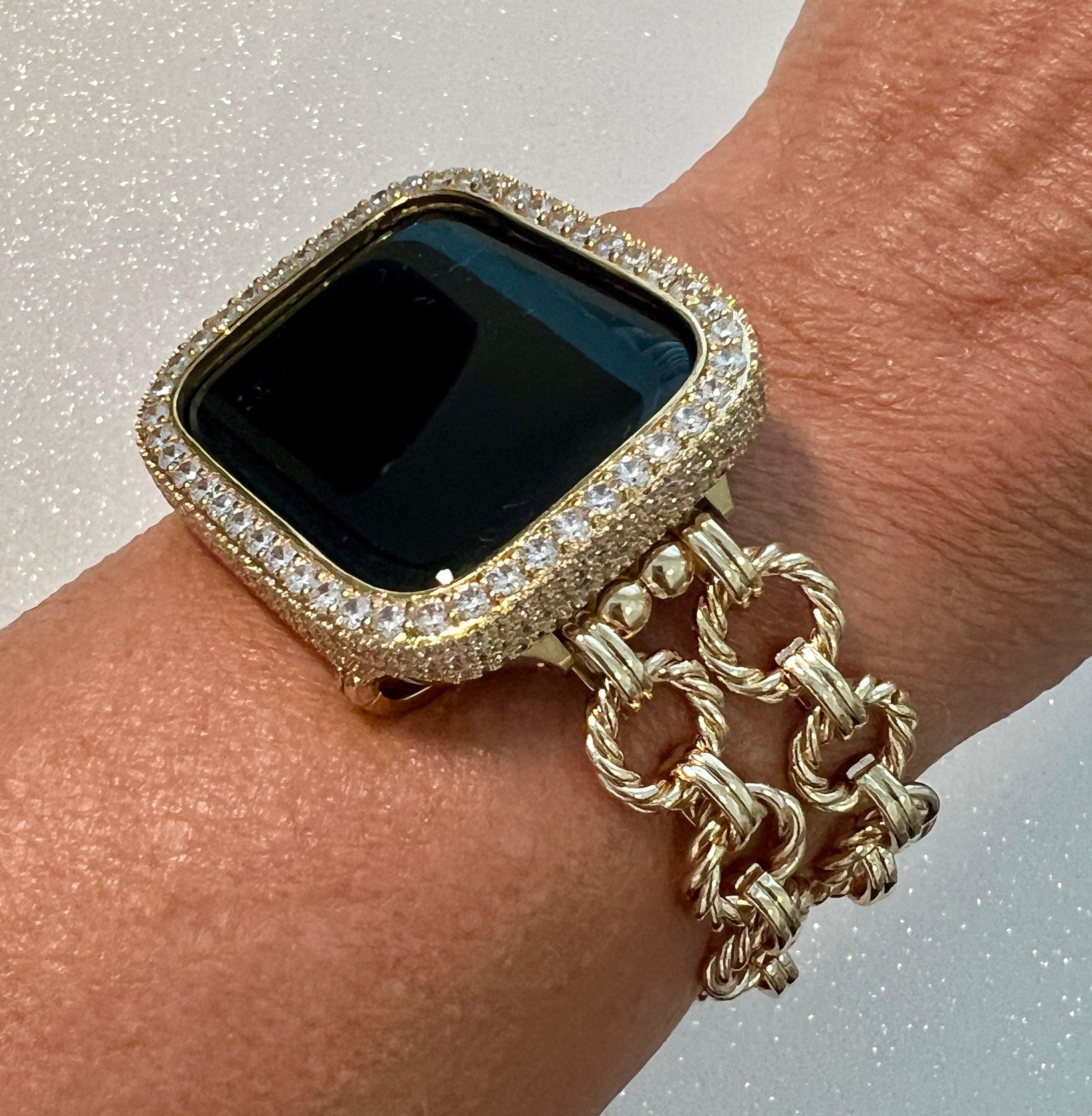 Gold Chain Apple Watch Band, Iphone Watch Bracelet & or Apple Watch Case Lab Diamond Bezel Iwatch Cover 39mm-49mm Ultra Series 2-9 SE