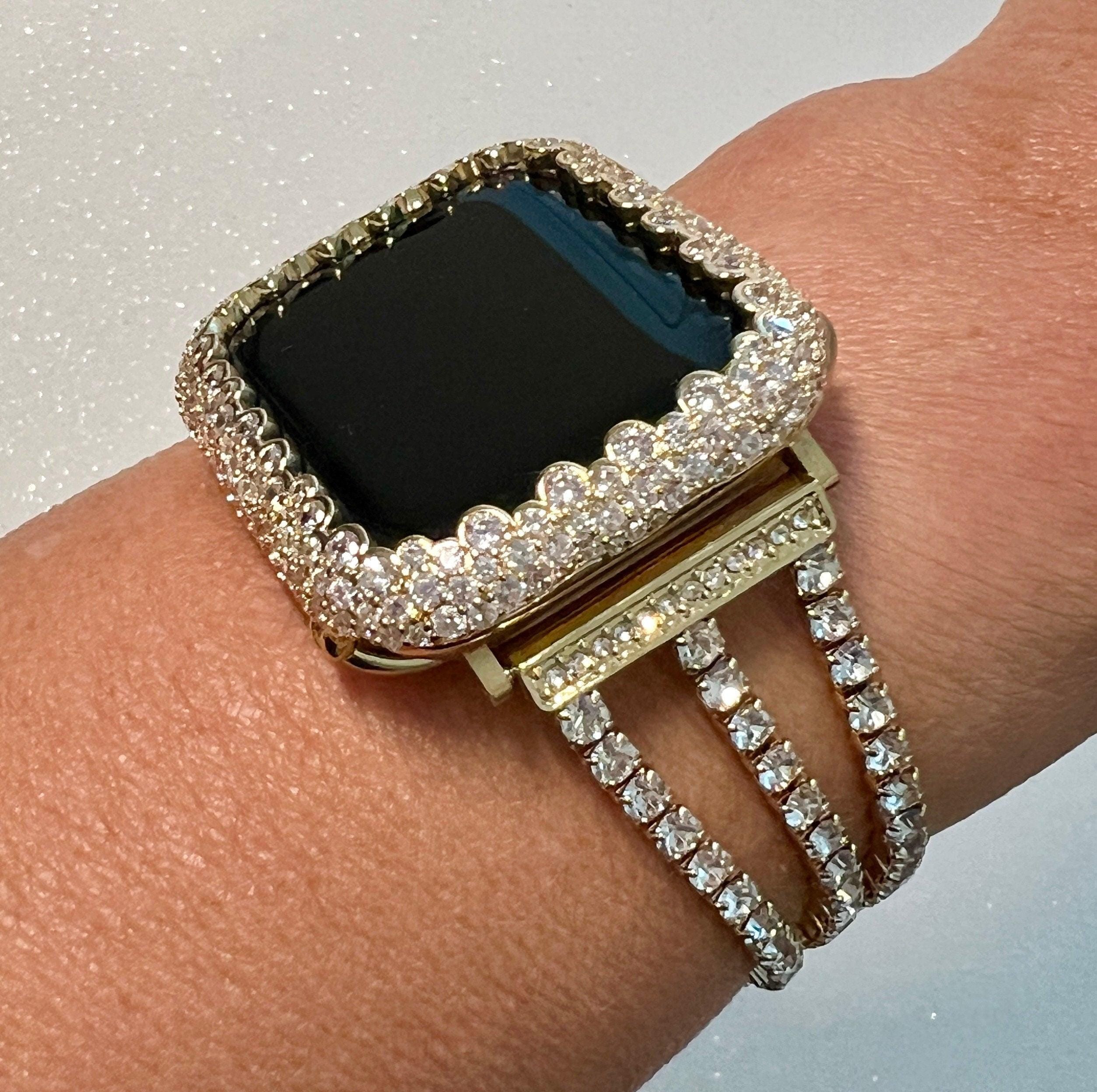 Apple Watch Band Women Gold Swarovski  Crystal 38mm-49mm Ultra & or Apple Watch Case Lab Diamond Bezel Apple Watch Cover Iwatch Candy Bling