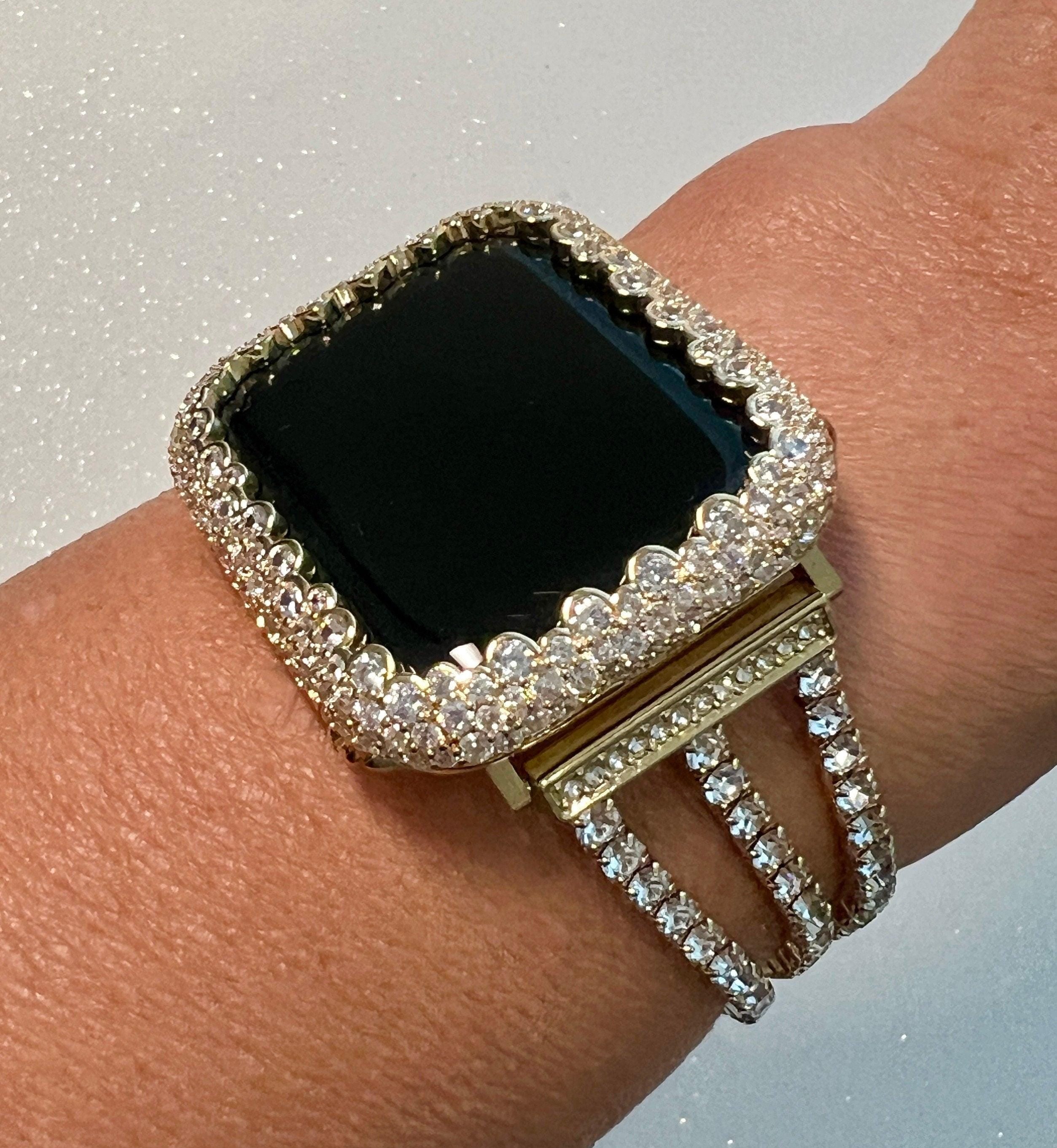 Apple Watch Band Women Gold Swarovski Crystal 38mm-49mm Ultra & or Apple Watch Case Lab Diamond Bezel Apple Watch Cover Iwatch Candy Bling
