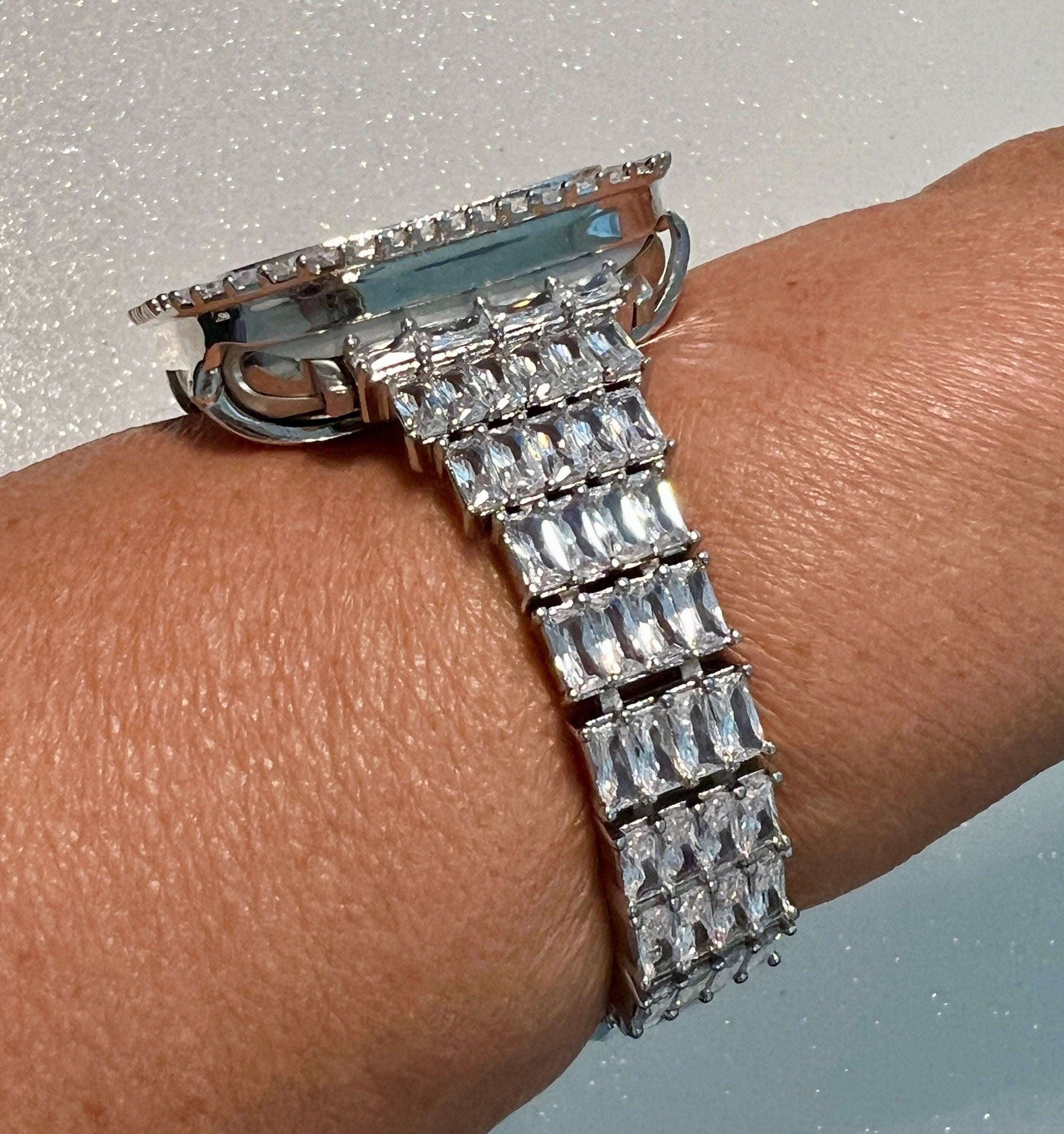 Silver Apple Watch Band 41mm 45mm, Iphone Watch Band Women & or Apple Watch Cover Lab Diamond Baguettes Iwatch Candy Apple Watch Case Bling