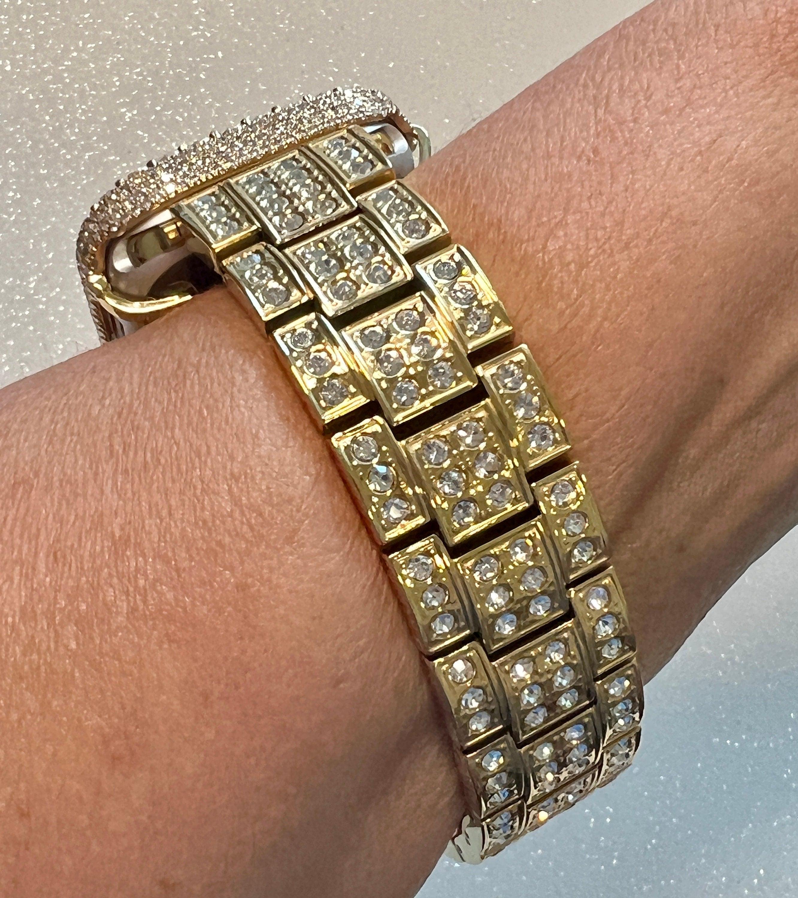 Iced Out Mens Apple Watch Band Women Gold Stainless Steel Crystals & or Apple Watch Cover Lab Diamond Bezel Case Bling 38mm-45mm