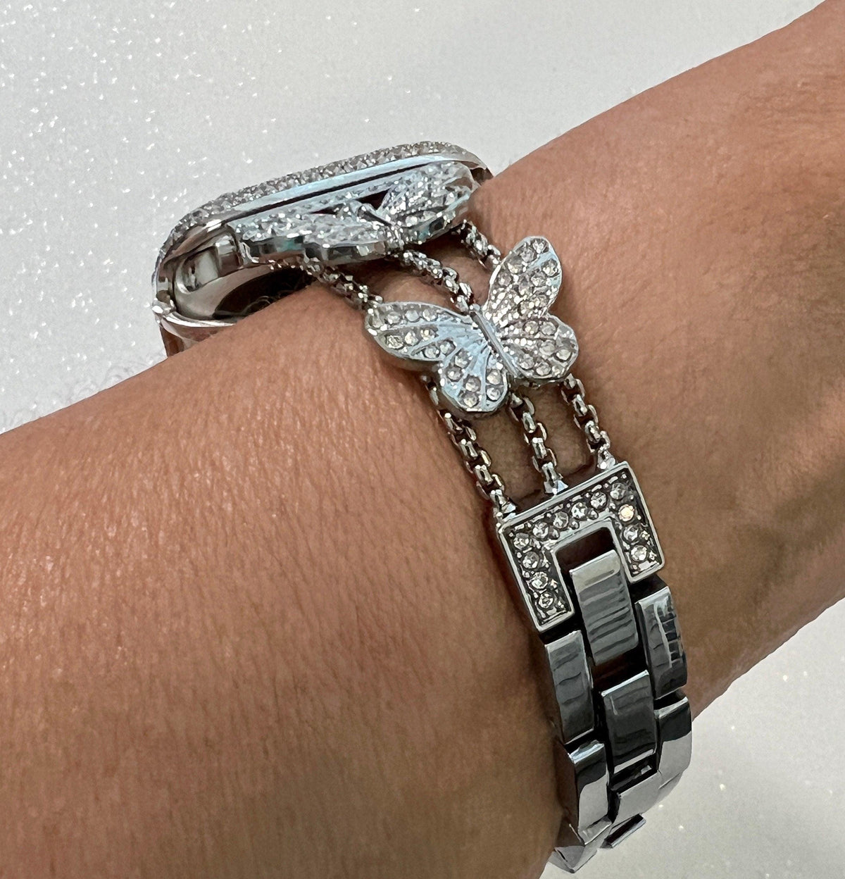 Butterfly Apple Watch Band 49mm Woman Silver Swarovski Crystal & or Apple Watch Case Pave Lab Diamonds Apple Watch Cover Iwatch Candy Bling