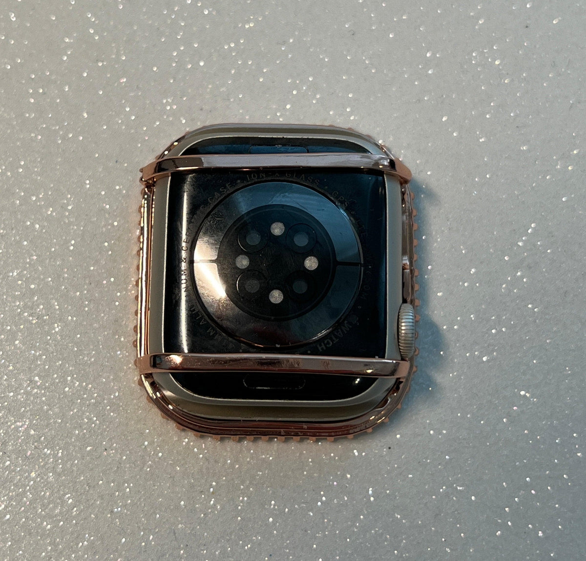 Custom Rose Gold Apple Watch Band Women 41mm 45mm & or Baguette Apple Watch Case Lab Diamond Bezel Iphone Watch Cover Iwatch Candy Bling