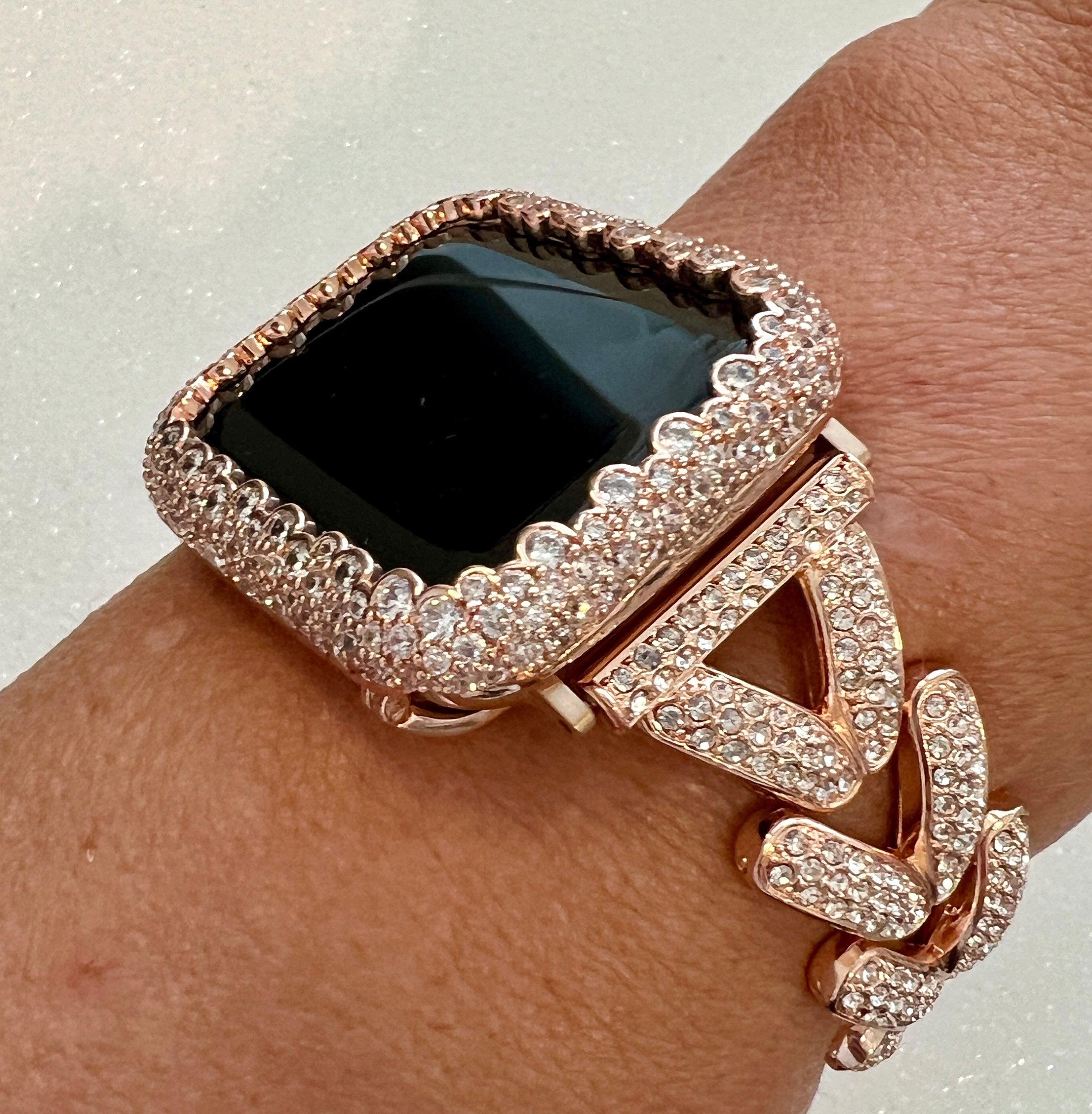 Pave Apple Watch Band Woman Rose Gold Swarovski Crystal Heart Charm & or Apple Watch Case Lab Diamond Bezel 38mm-49mm Iphone Watch Cover
