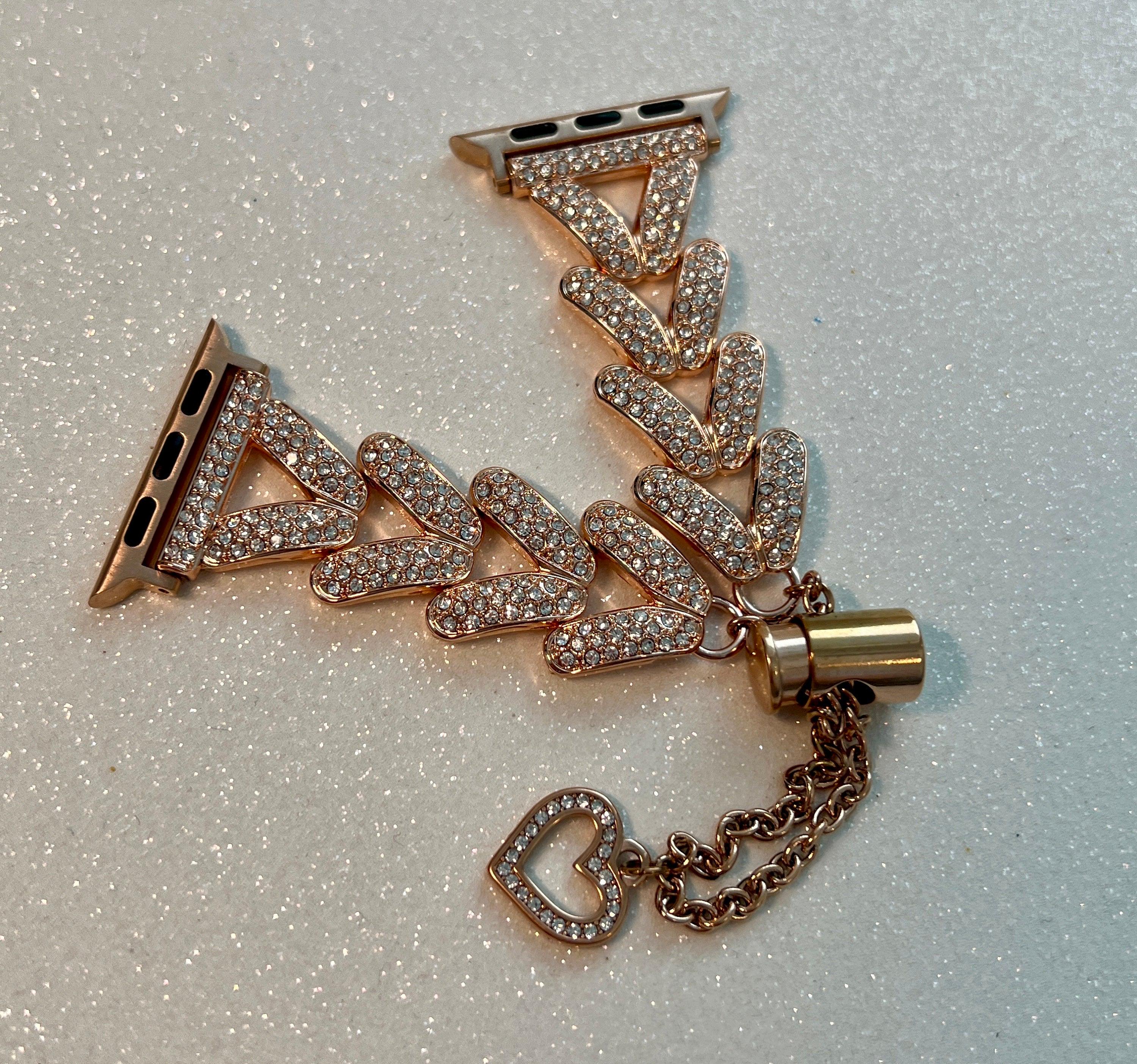 Pave Apple Watch Band Woman Rose Gold Crystal Heart Charm & or Apple Watch Case Lab Diamond Bezel 38mm-49mm Apple Watch Cover