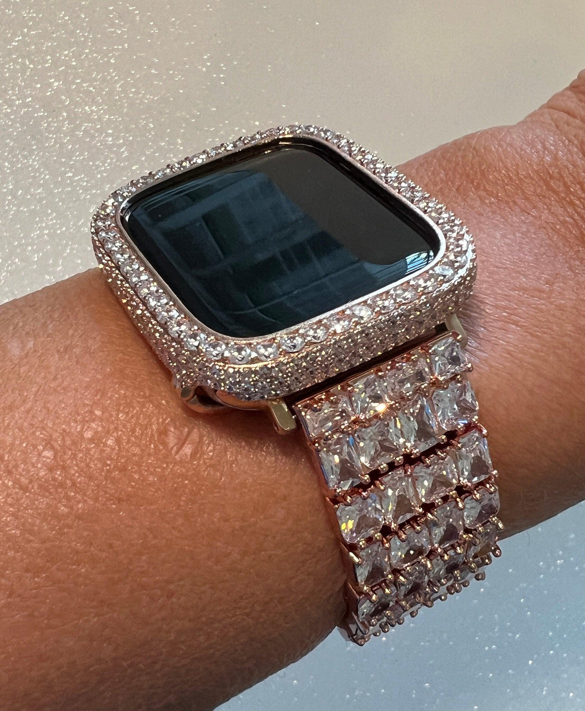 Bold Statement Apple Watch Band Womens Rose Gold Swarovski Crystals & or Apple Watch Case, Lab Diamond Bezel, Bling Apple Watch Cover