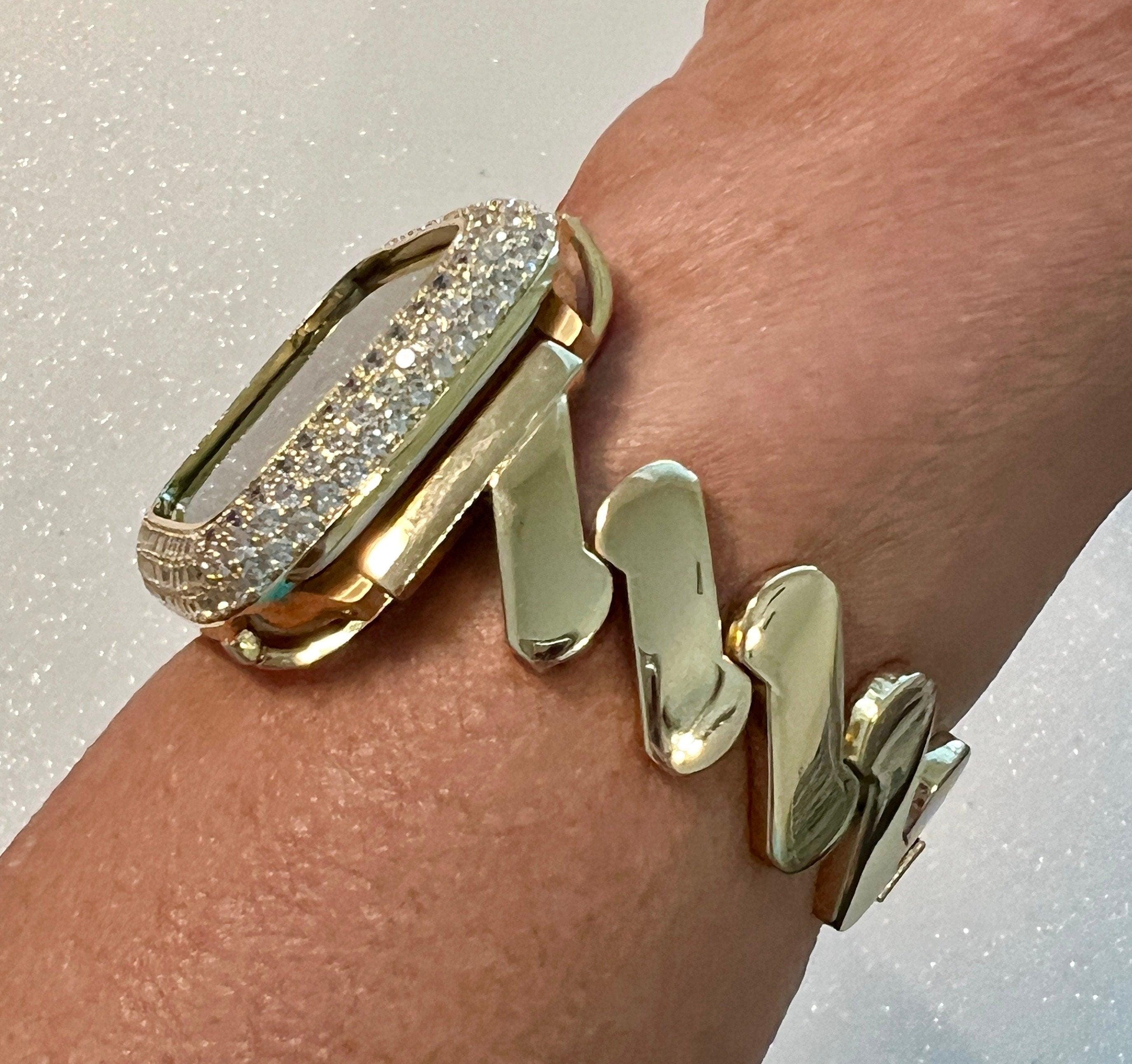 Designer Apple Watch Band Gold Women Minimalist, Iwatch Phone Bracelet & or Apple Watch Case Pave Lab Diamond Bezel Cover Bling Gift for Her