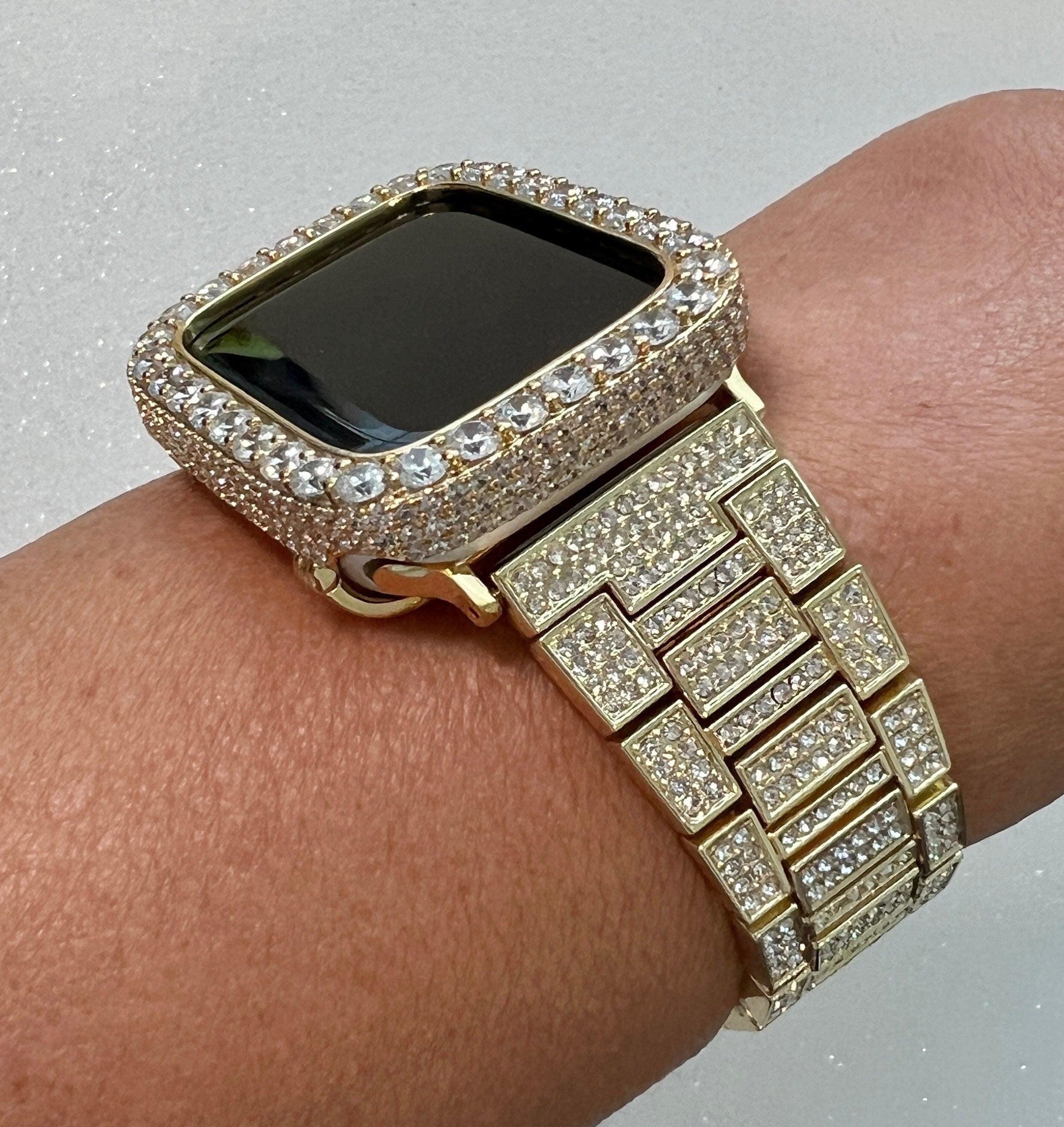 Mens Apple Watch Band Women Gold Pave Crystals & or Apple Watch Cover 3.5mm Lab Diamond Bezel Smartwatch Bumper Case Iwatch Candy