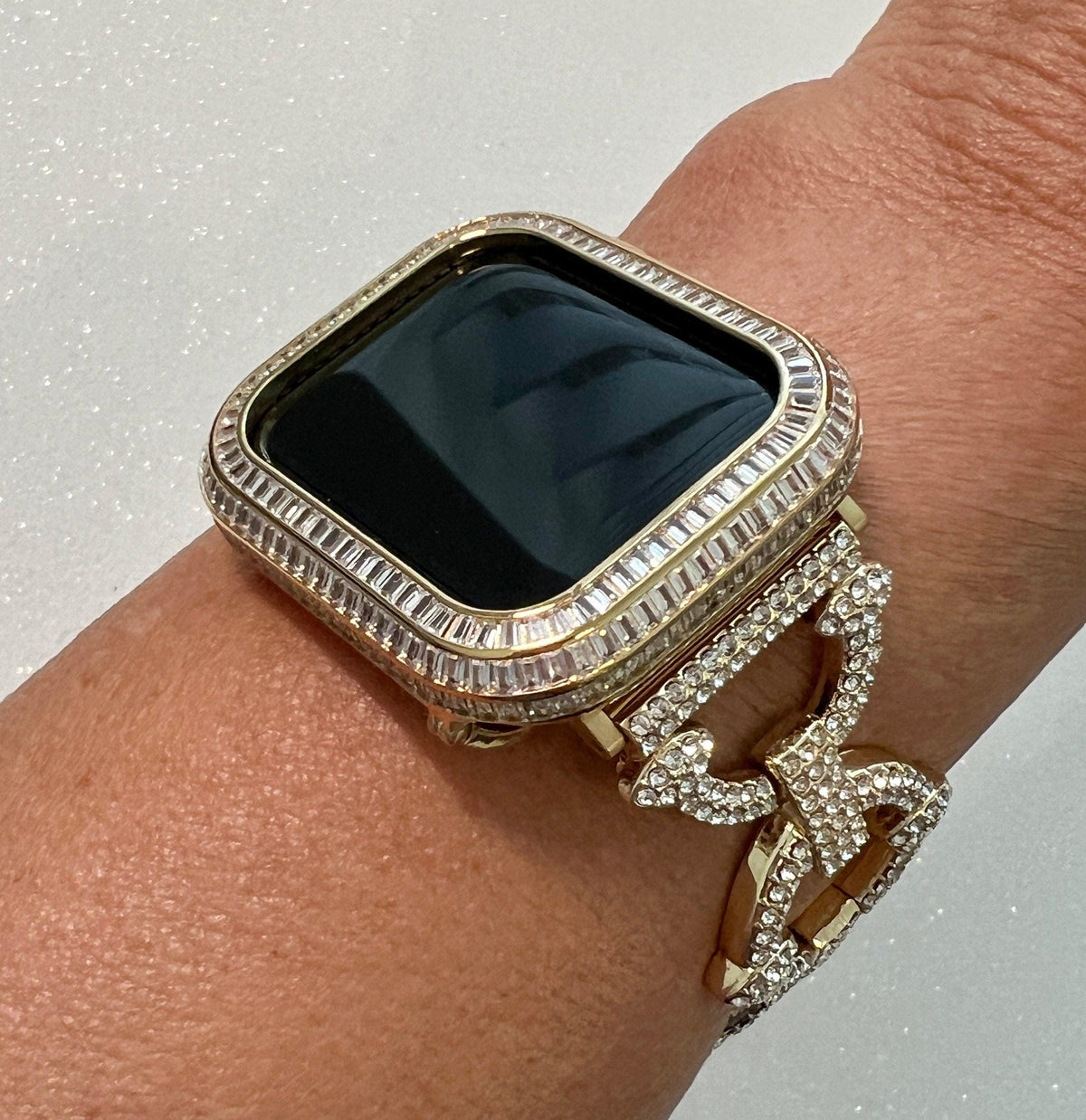 Designer Apple Watch Band Yellow Gold Pave Swarovski Crystal and or Apple Watch Cover 3 rows of Baguette Lab Diamonds from Iwatch Candy in sizes 40mm 41mm 44mm 45mm.