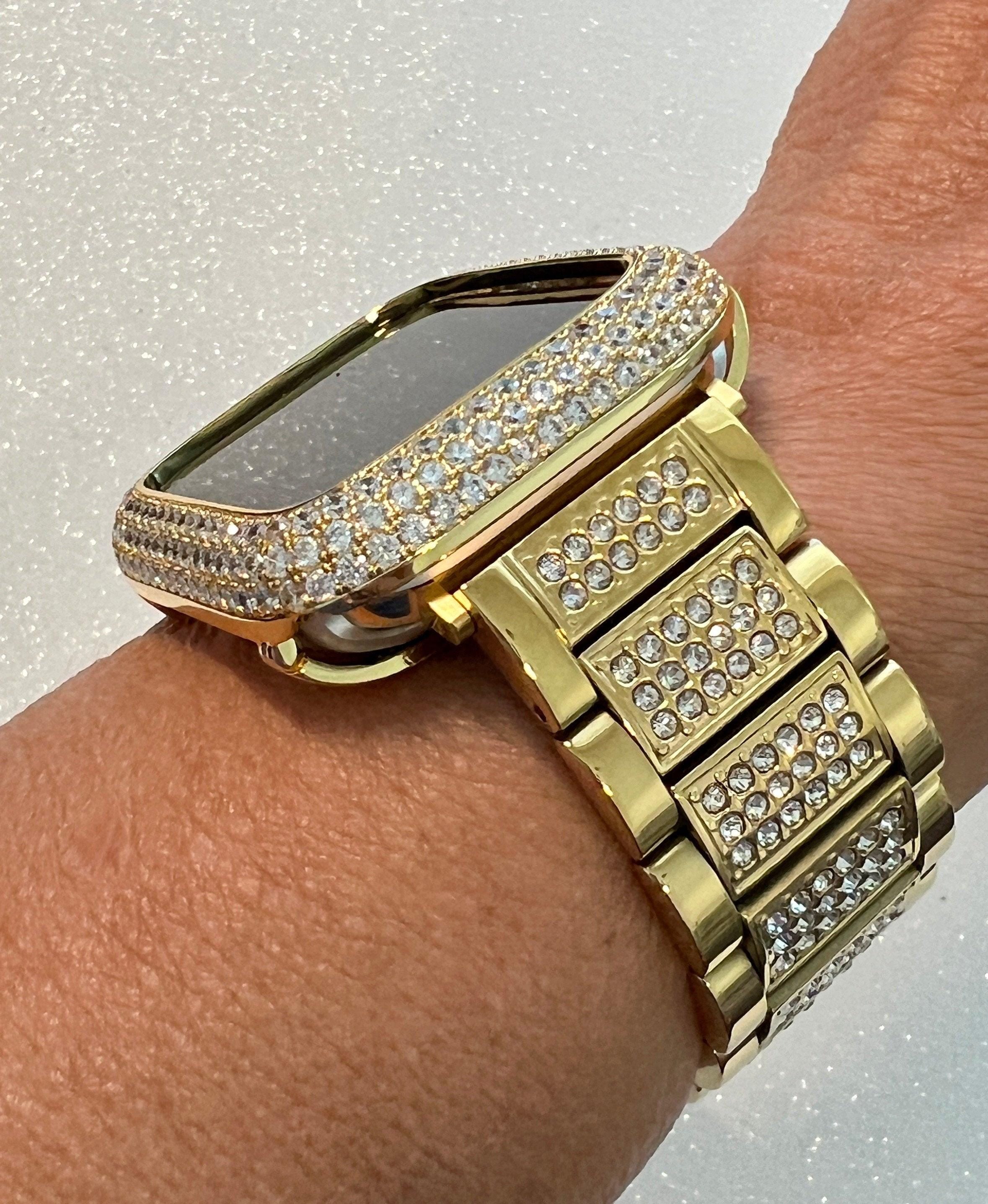 High End Apple Watch Band Women Gold Swarovski Crystals 38mm 40mm 41mm 42mm 44mm 45mm 49mm Ultra & or Apple Watch Cover Lab Diamond Bezel