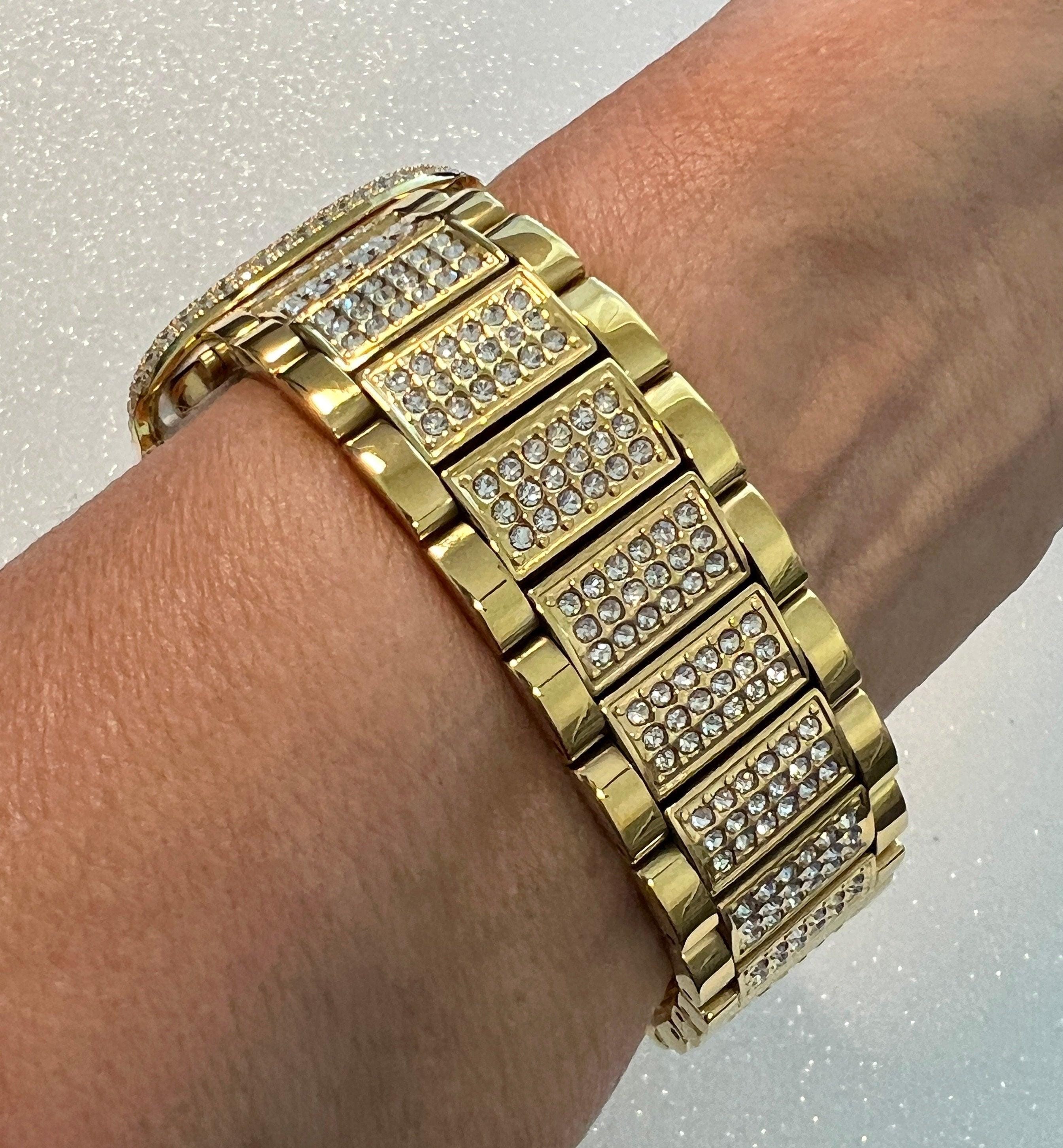 High End Apple Watch Band Women Gold Swarovski Crystals 38mm 40mm 41mm 42mm 44mm 45mm 49mm Ultra & or Apple Watch Cover Lab Diamond Bezel