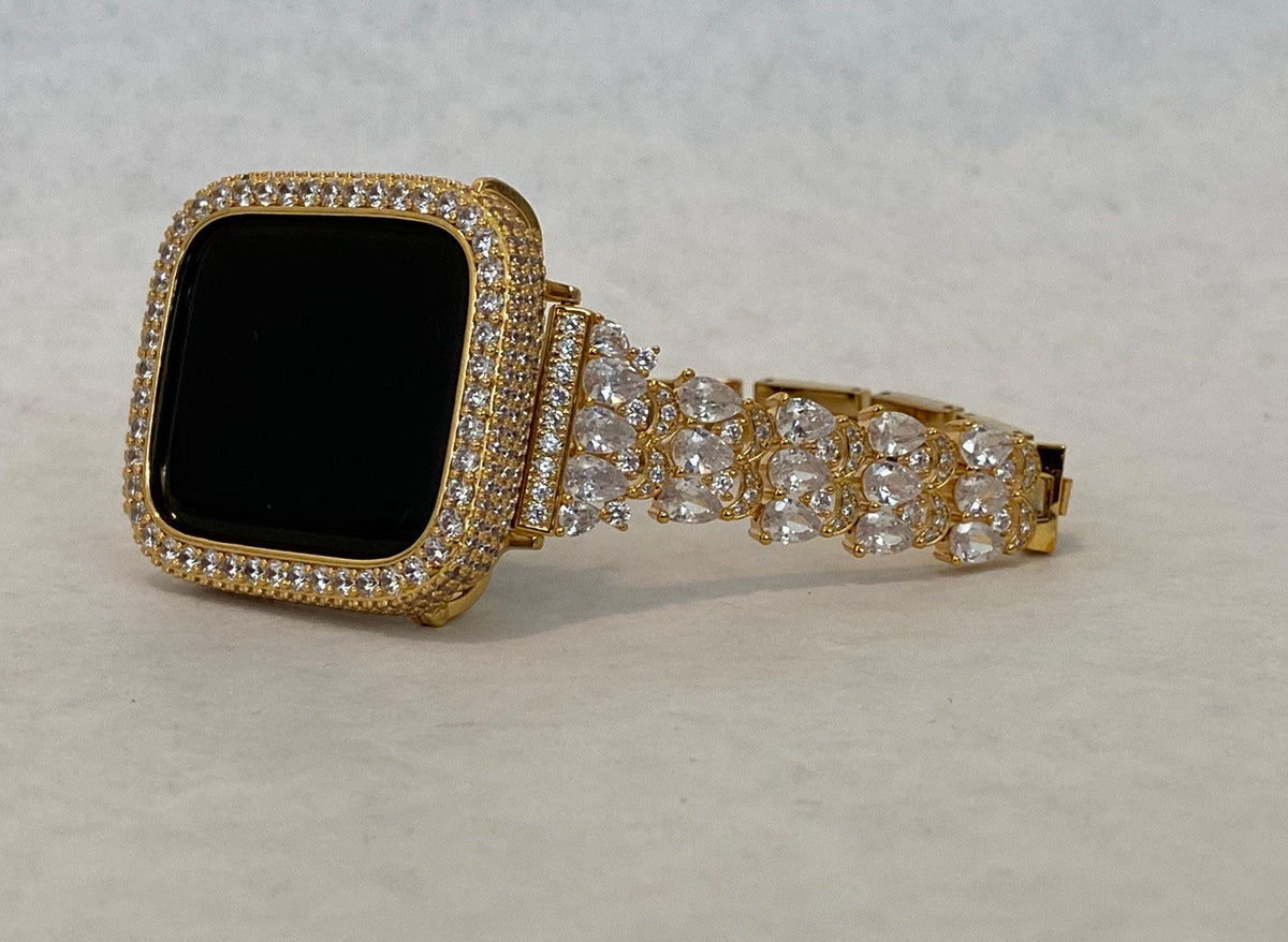 Luxury Apple Watch Band Womens Yellow Gold Swarovski Crystals & or Apple Watch Case for Iphone Watch Lab Diamond Cover 38-49mm Iwatch Candy