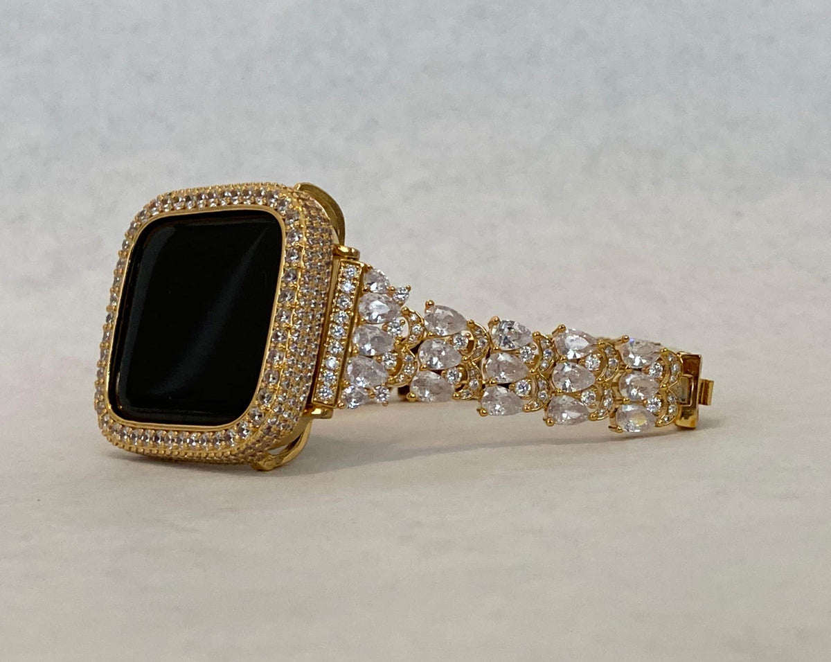 Luxury Apple Watch Band Womens Yellow Gold Swarovski Crystals & or Apple Watch Case for Iphone Watch Lab Diamond Cover 38-49mm Iwatch Candy