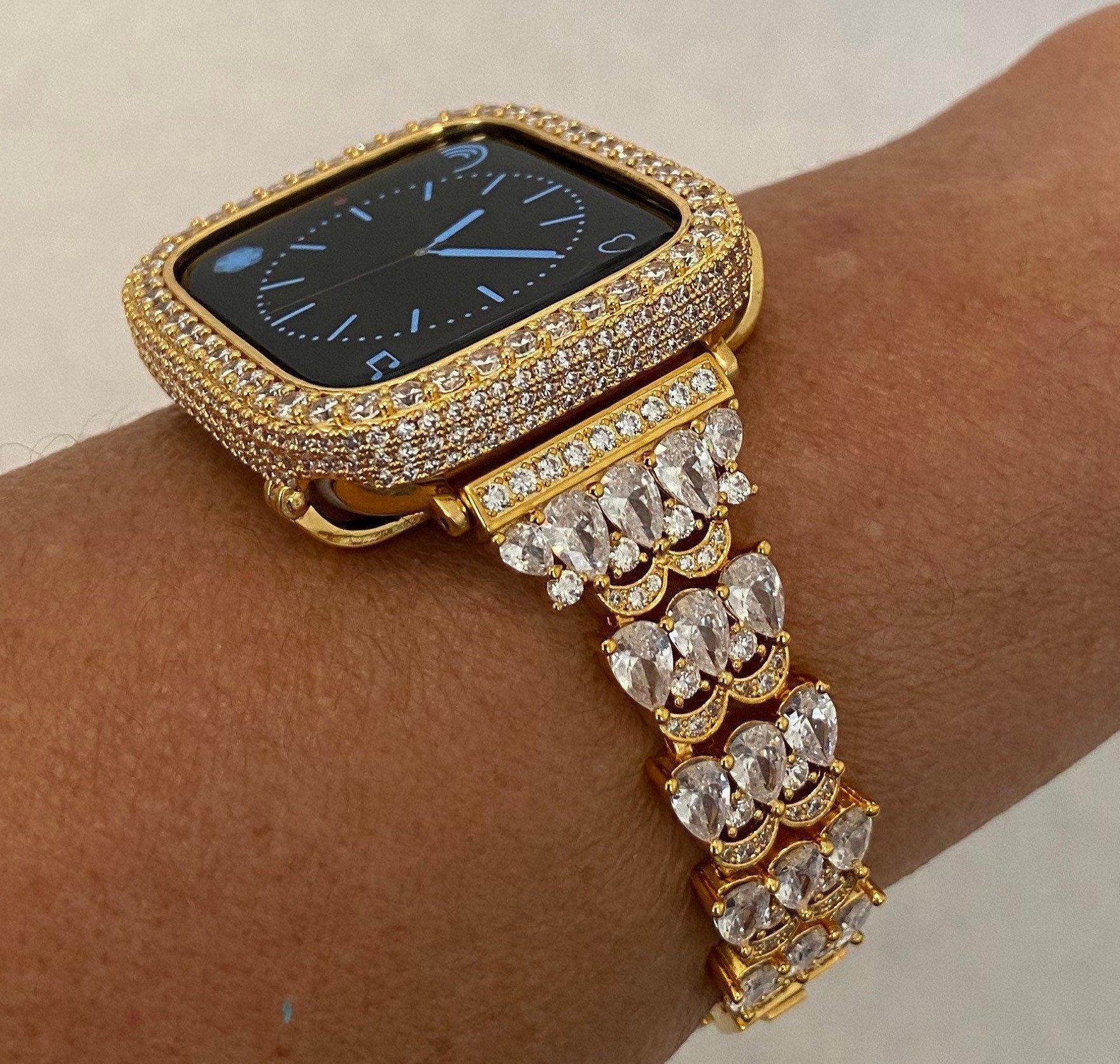 Luxury Apple Watch Band Womens Yellow Gold Swarovski Crystals & or Apple Watch Case for Iphone Watch Lab Diamond Cover 38-49mm Iwatch Candy