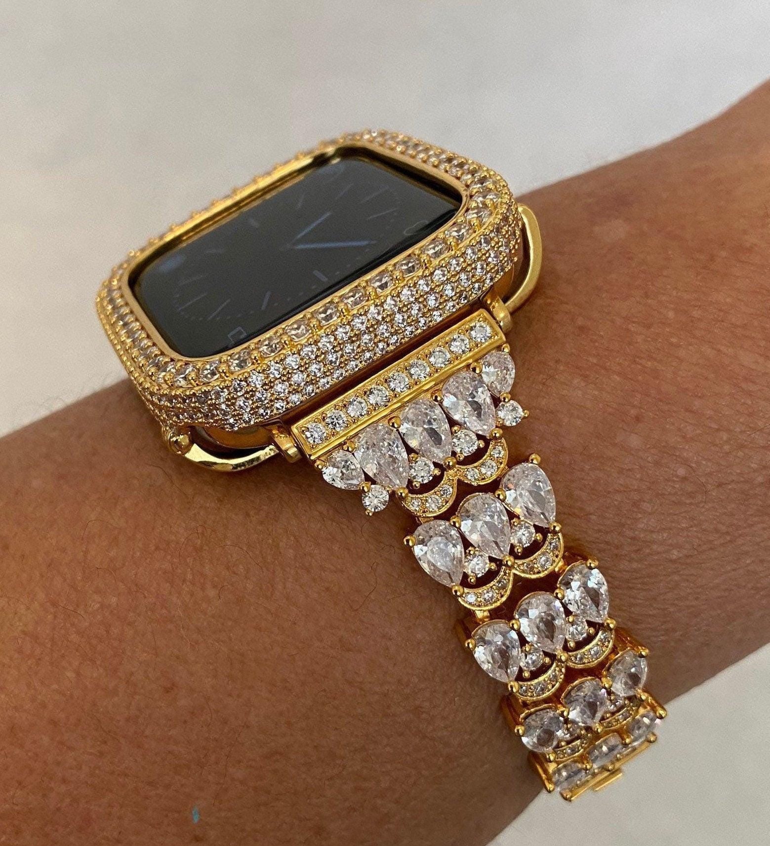 Luxury Apple Watch Band Womens Yellow Gold Swarovski Crystals & or Apple Watch Case for Iphone Watch Lab Diamond Cover 38-49mm Iwatch Candy