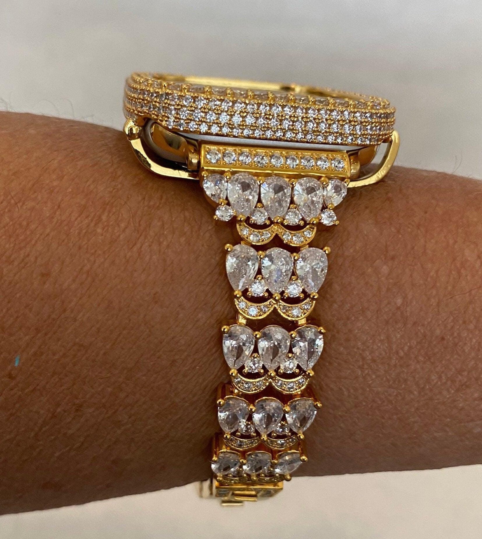 Luxury Apple Watch Band Womens Yellow Gold Swarovski Crystals & or Apple Watch Case for Iphone Watch Lab Diamond Cover 38-49mm Iwatch Candy