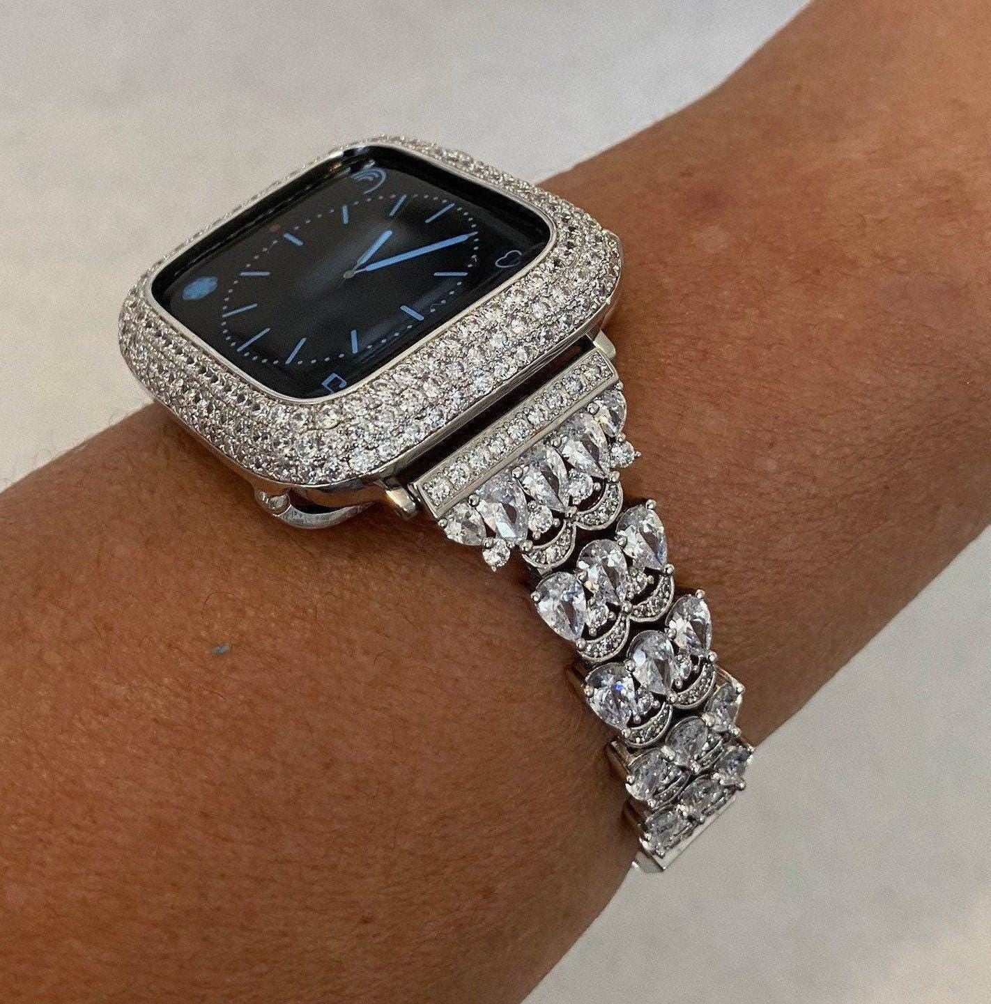 Apple Watch Band 41mm 45mm 49mm Ultra Series 7,8 Women&#39;s Silver & or Smartwatch Lab Diamond Cover Bumper Iwatch Bling 38mm 42mm 44mm