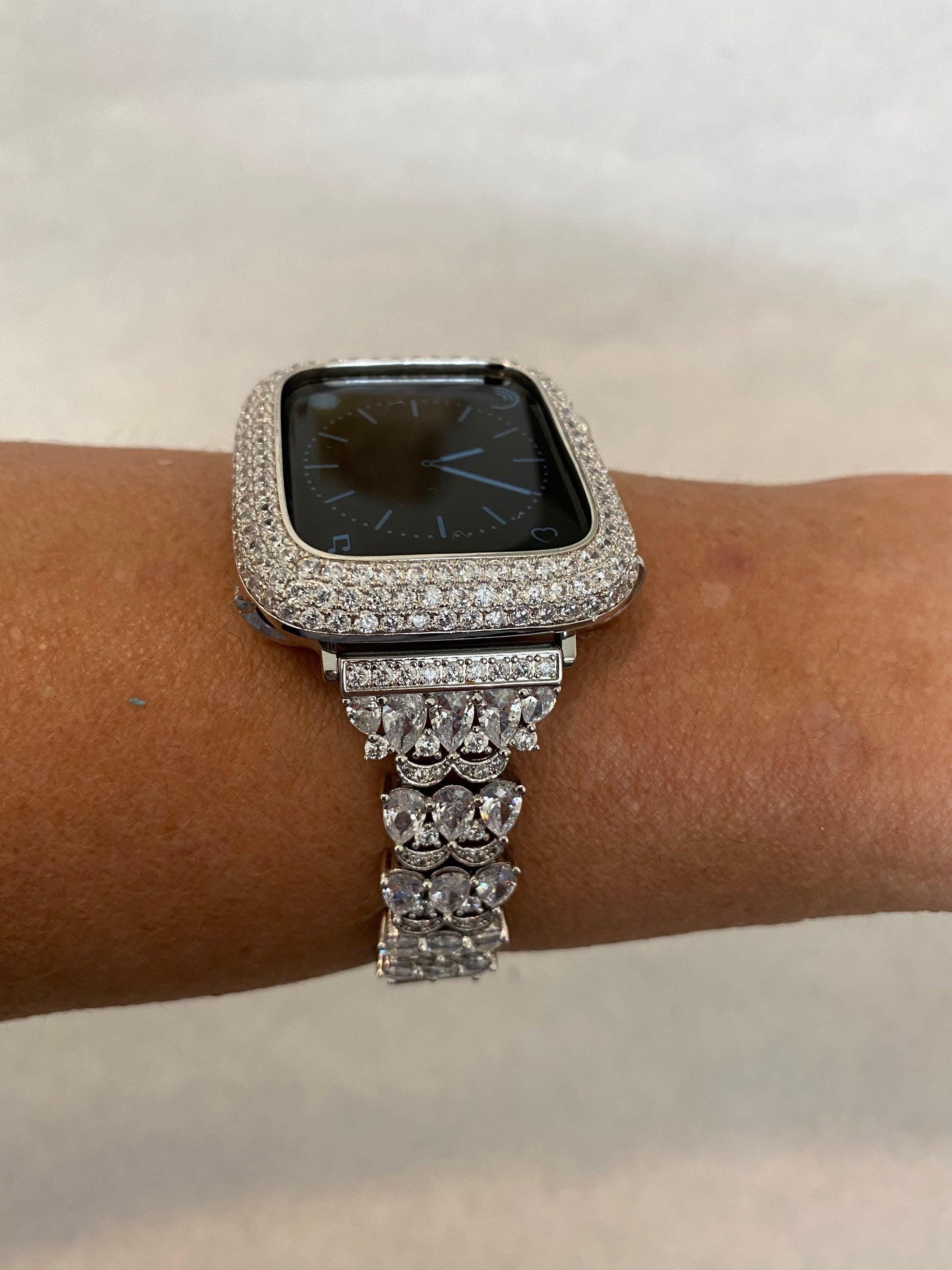 Apple Watch Band 41mm 45mm 49mm Ultra Series 7,8 Women&#39;s Silver & or Smartwatch Lab Diamond Cover Bumper Iwatch Bling 38mm 42mm 44mm
