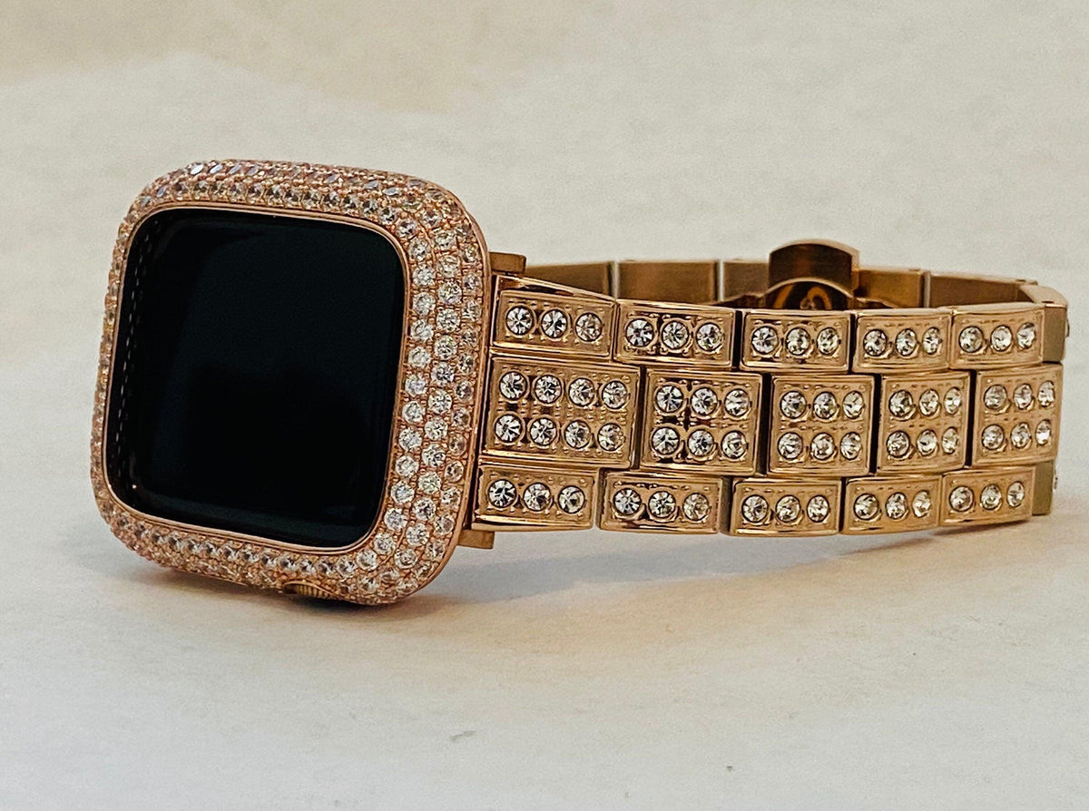 Designer Apple Watch Band Women 41mm 45mm 49mm Ultra Rose Gold Swarovski Crystal & or Lab Diamond Bezel Apple Watch Cover Smartwatch Bumper