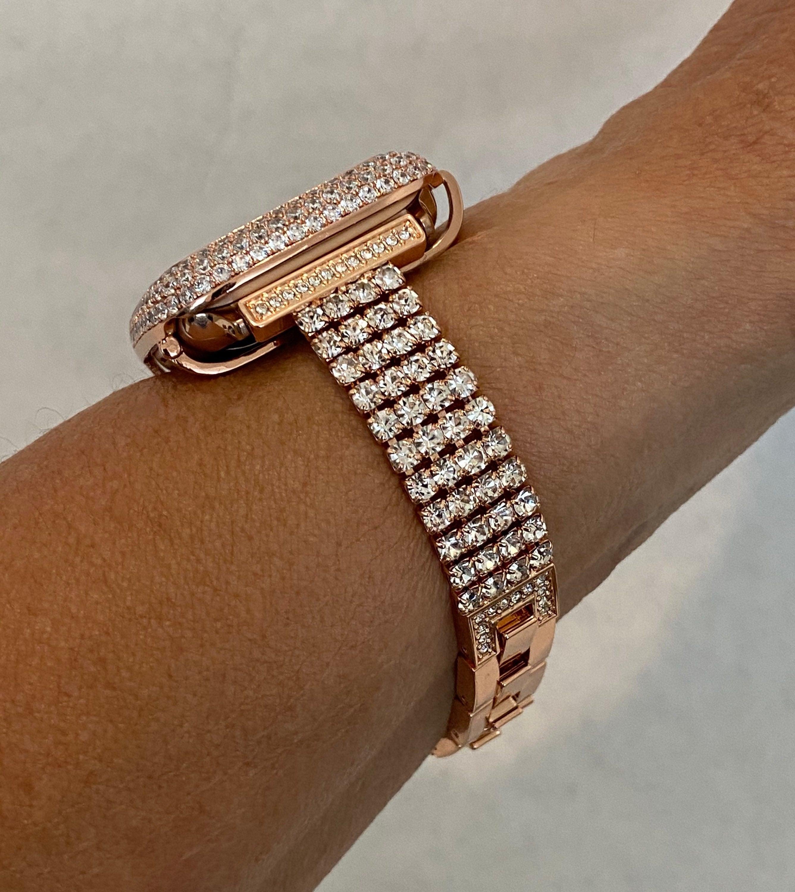 Rose Gold Apple Watch Band Womens Swarovski Crystal Iphone Watch Bracelet & or Apple Watch Case Lab Diamond Bezel Cover 38mm-49mm Ultra
