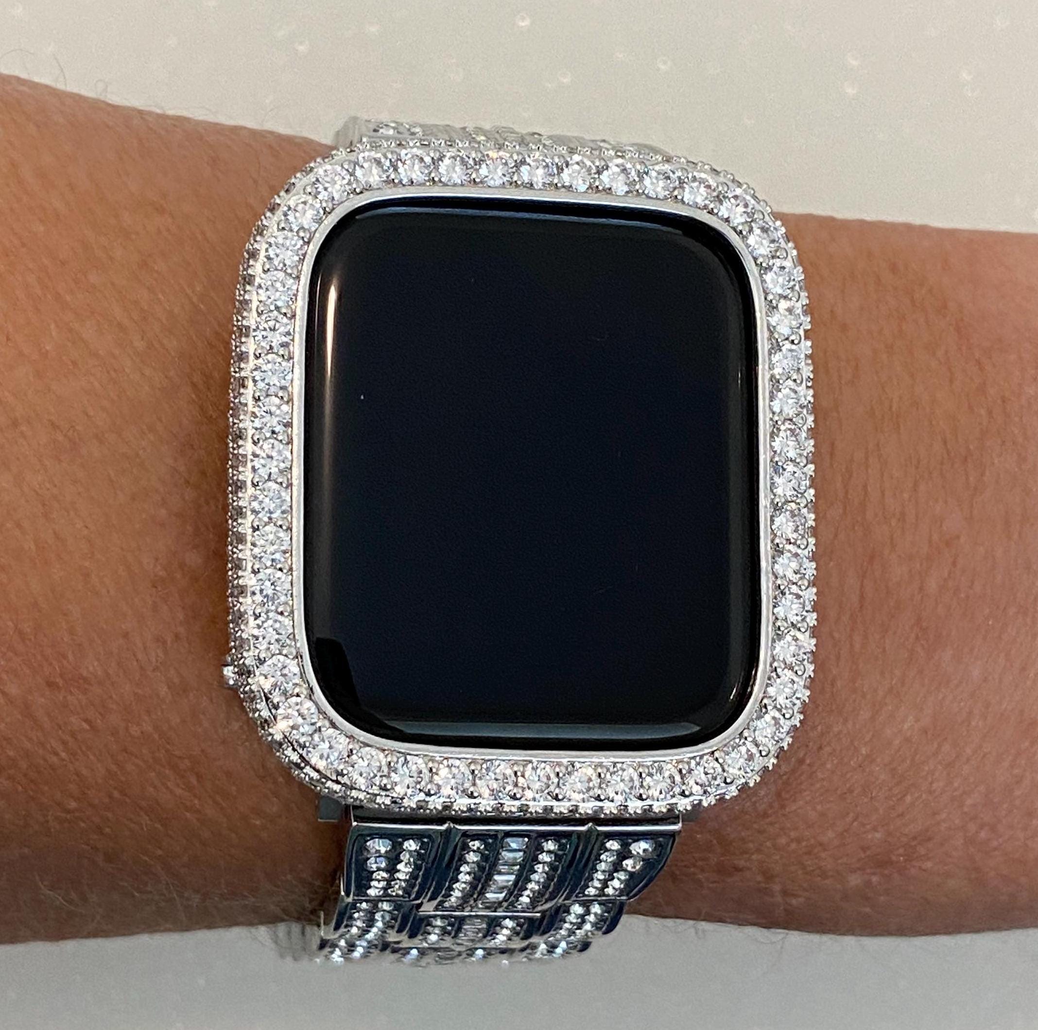 49mm Ultra Apple Watch Cover Silver Lab Diamond Bezel set in 14k White Gold Plated Metal Iwatch Case Bling 38mm 40mm 41mm 42mm 44mm 45mm, Iwatch Candy