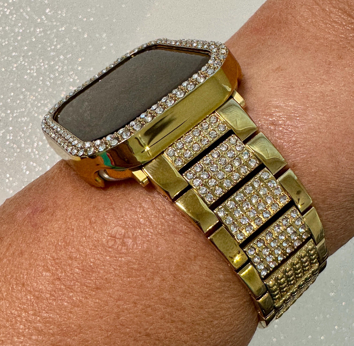 Apple Watch Band 42mm 46mm Series 10 Gold Stainless Steel & or Apple Watch Cover Swarovski Crystal Protective Iphone Watch Case Iwatch Candy