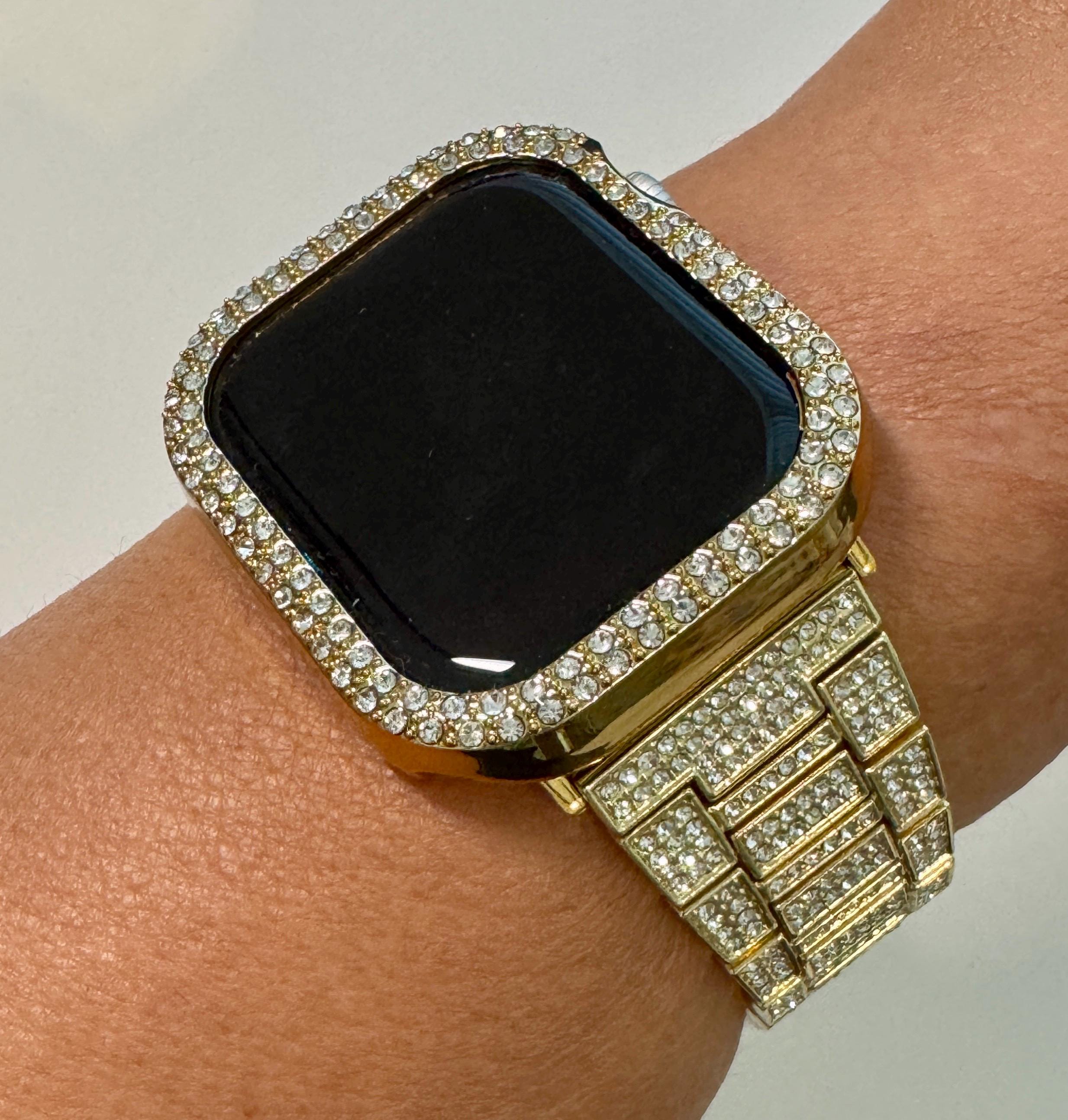 Series 10 Apple Watch Band Gold Stainless Steel with Swarovski Crystal & or Apple Watch Case Rhinestone Protective Apple Watch Face Iphone Watch 38-49mm Iwatch