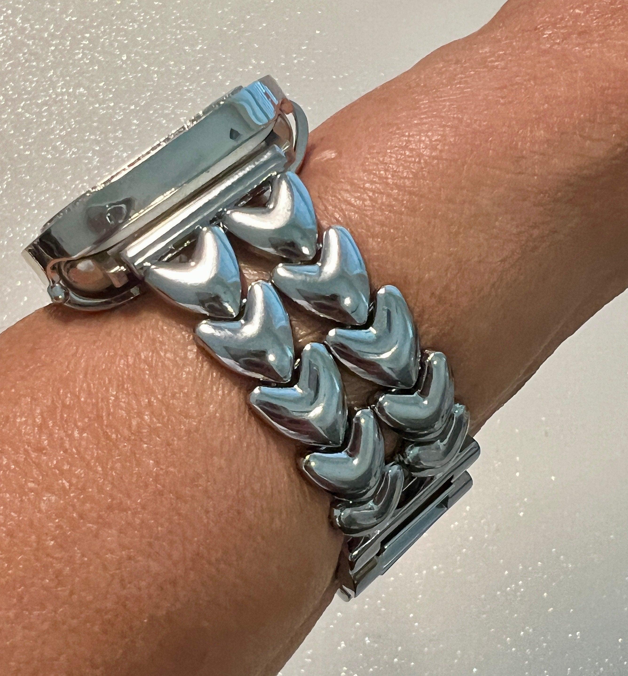 Silver Apple Watch Band Double Row Hearts 38 40 41 42 44 45mm, Iwatch band & or Apple Watch Case Baguette Lab Diamond Bezel Cover Gift