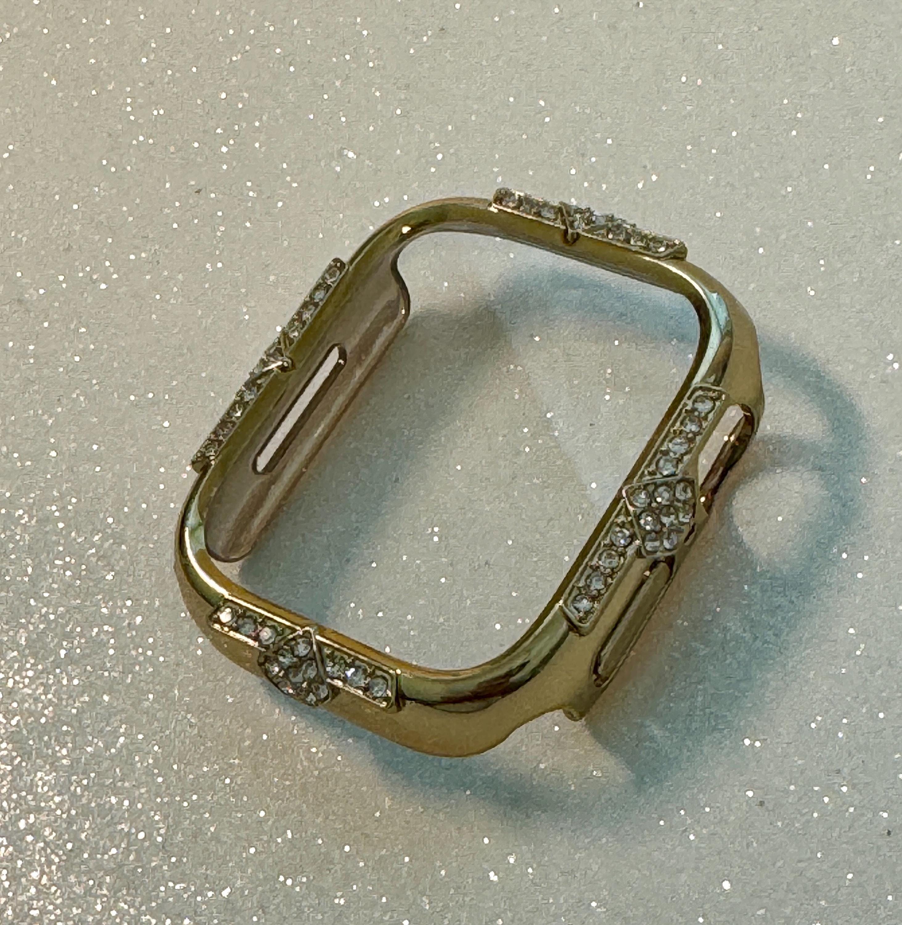 14k Yellow Gold Plated Apple Watch Cover Screen Protector Swarovski Crystal Apple Watch Case 41mm 45mm Tempered Glass Iphone Watch Case