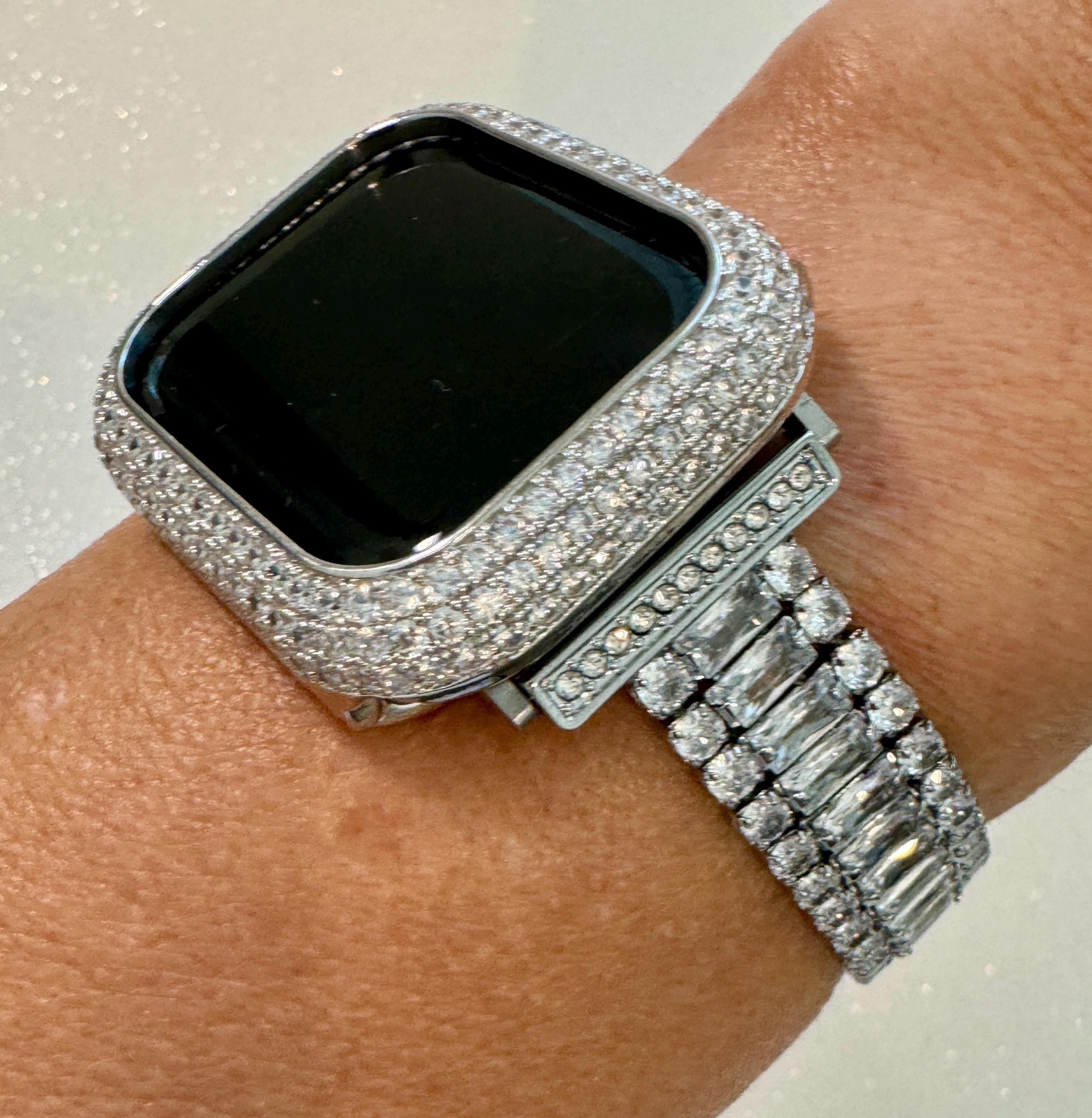 14k White Gold Plated Apple Watch Band Womens Silver Swarovski Crystals & or Apple Watch Case Lab Diamond Bezel Iphone Watch 38mm-49mm Ultra
