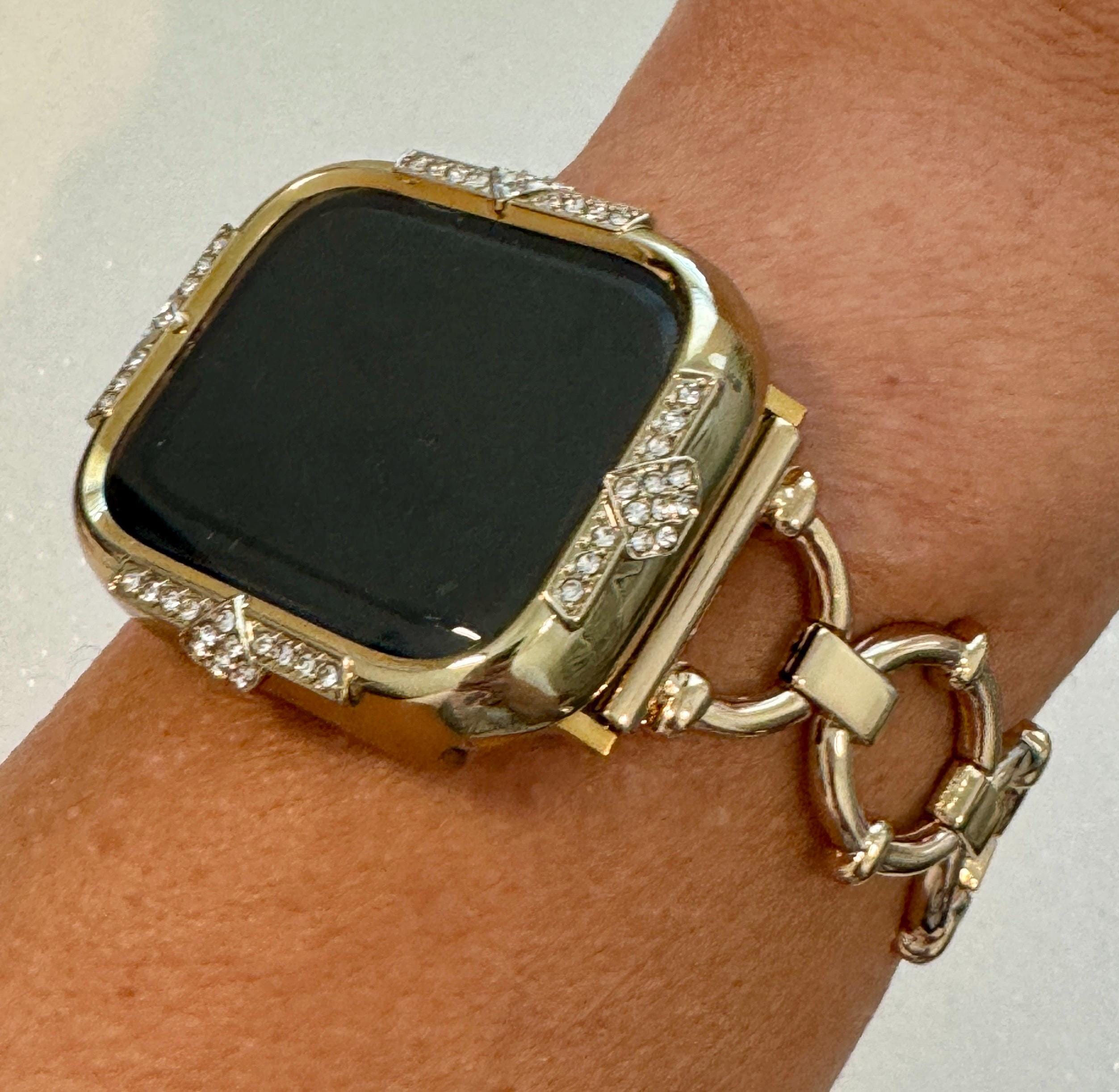 Minimalist 14K Gold Apple Watch Band Womens Bracelet 41mm 45mm & or Apple Watch Case Swarovski Crystals 40mm 44mm Screen Protector Bling